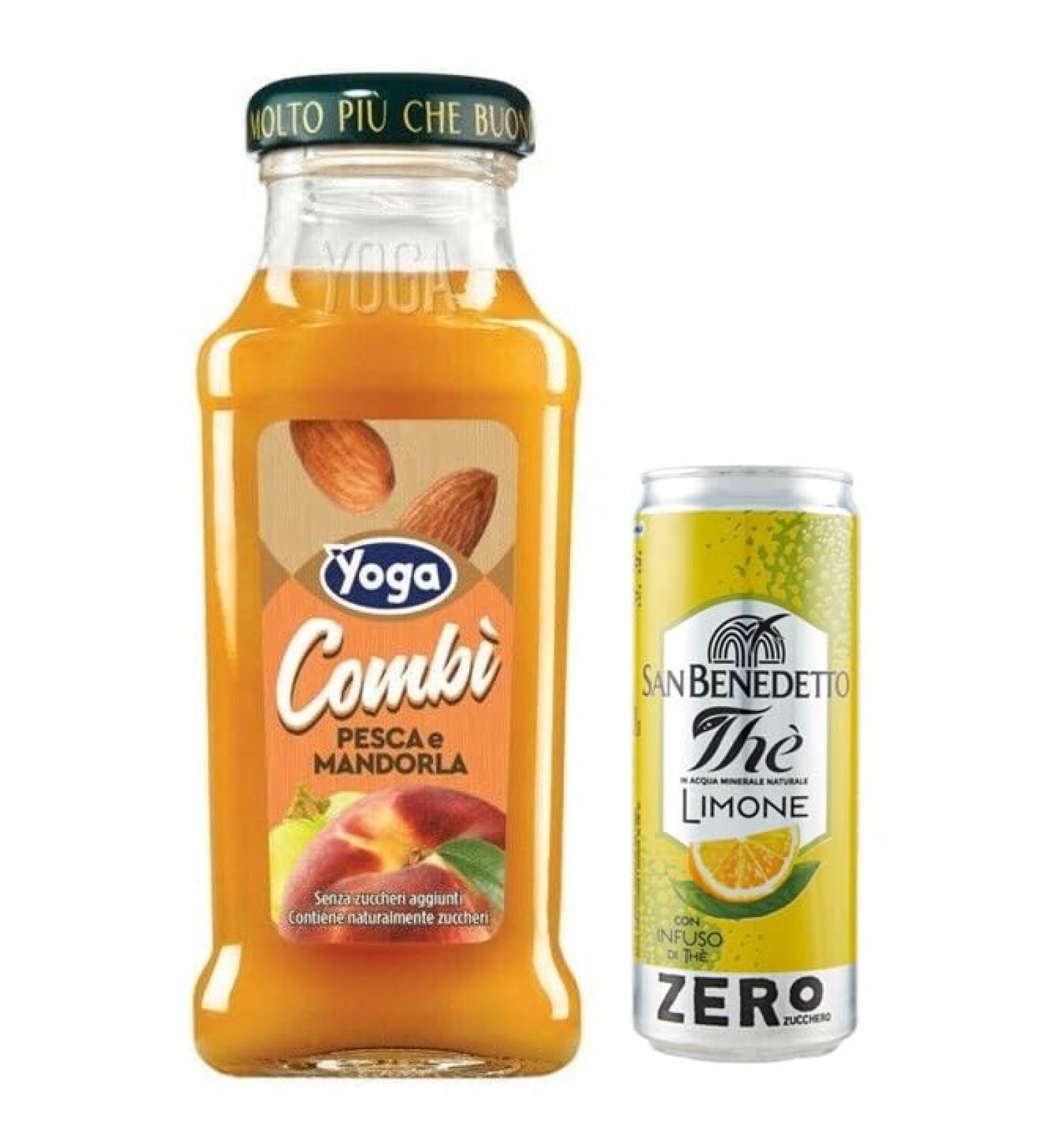 Yoga Pesca e Mandorla Lot de 24 jus de fruits avec p che et amande Boisson rafra chissante sans alcool Bouteille en verre jetable de 200 ml + 1 bo te de th glac San Benedetto au citron sans sucre - Buy Online on GoSupps.com
