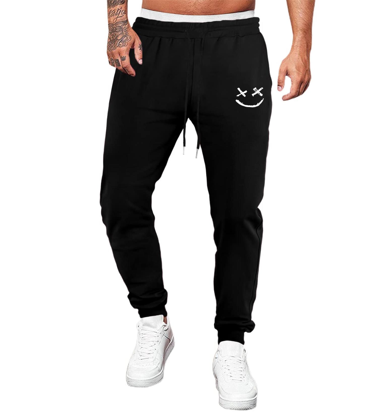 Renaowin Men's Lightweight Slim Fit Sweatpants with Drawstring Waist and Pockets - Black Smiley Pattern | Ideal for Workout, Running, Gym - Size Large - Buy Online on GoSupps.com