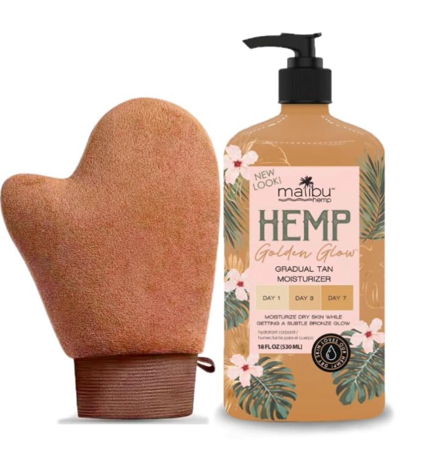 Malibu Hemp Golden Glow Gradual Tan Moisturizer 18 Fl Oz Tanning Mitten (Brown) Included (Mitt May Vary)