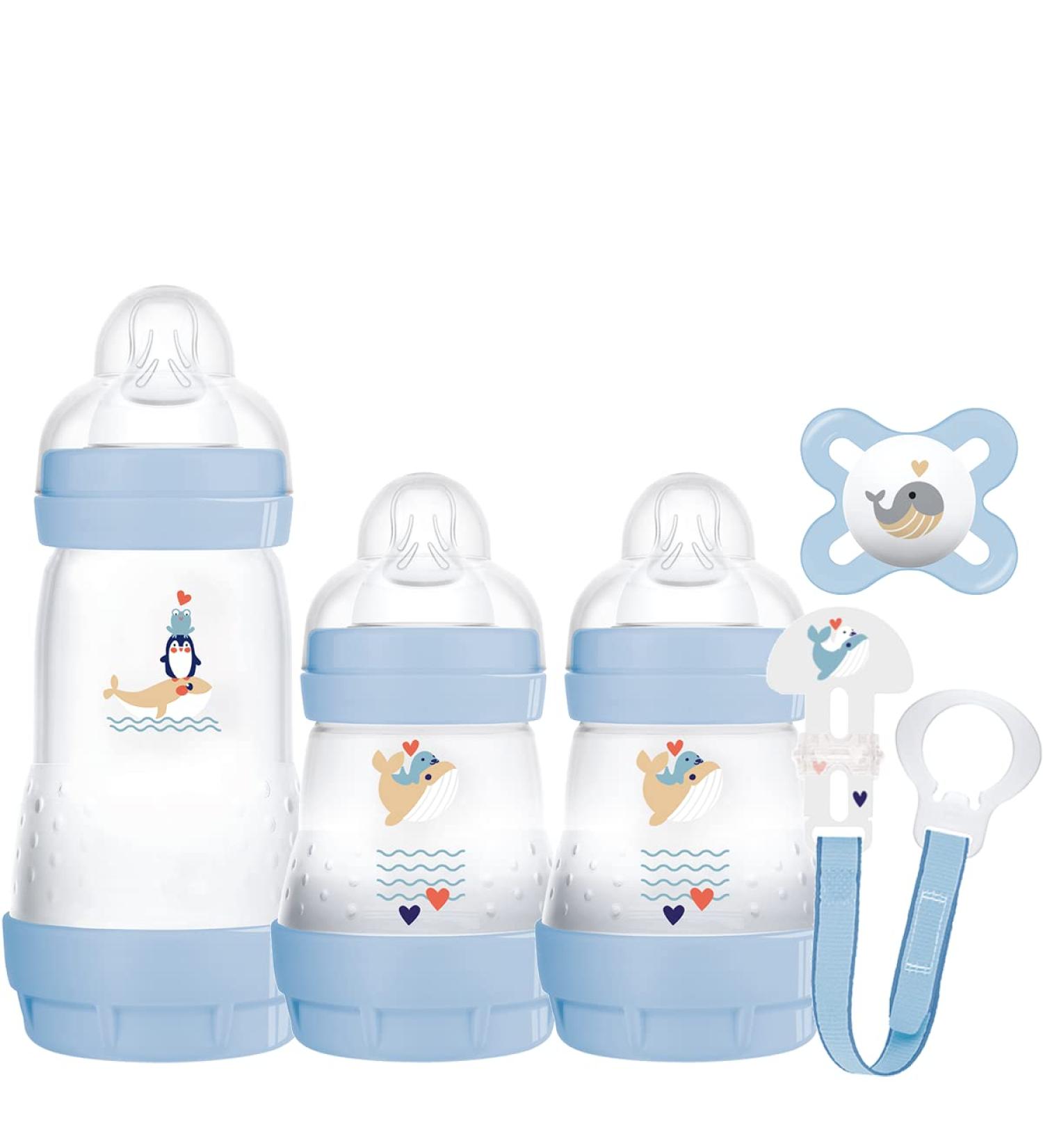 MAM Newborn Bottle Set with Soother & Clip - Blue | 0-2 Months Baby Gift - Buy Online on GoSupps.com