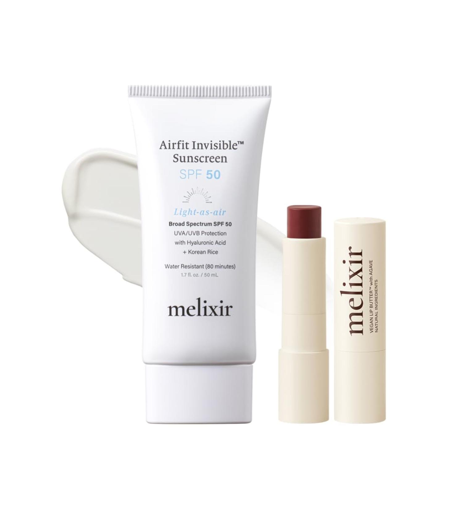 Melixir Best Seller Duo Vegan Lip Butter #03 Red Velvet & Airfit Invisible Sunscreen Hydrating Lip Balm for Dry Lips Korean Rice Sunscreen with No White Cast Gift for Women Travel Essential - Buy Online on GoSupps.com