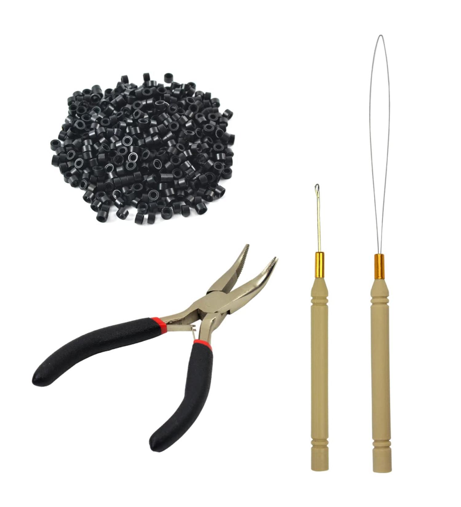 Black Hair Extensions Tool Kit with Pliers, Pulling Hook, and 500 Micro Links Rings Beads - Black Hair Pliers Included - Buy Online on GoSupps.com
