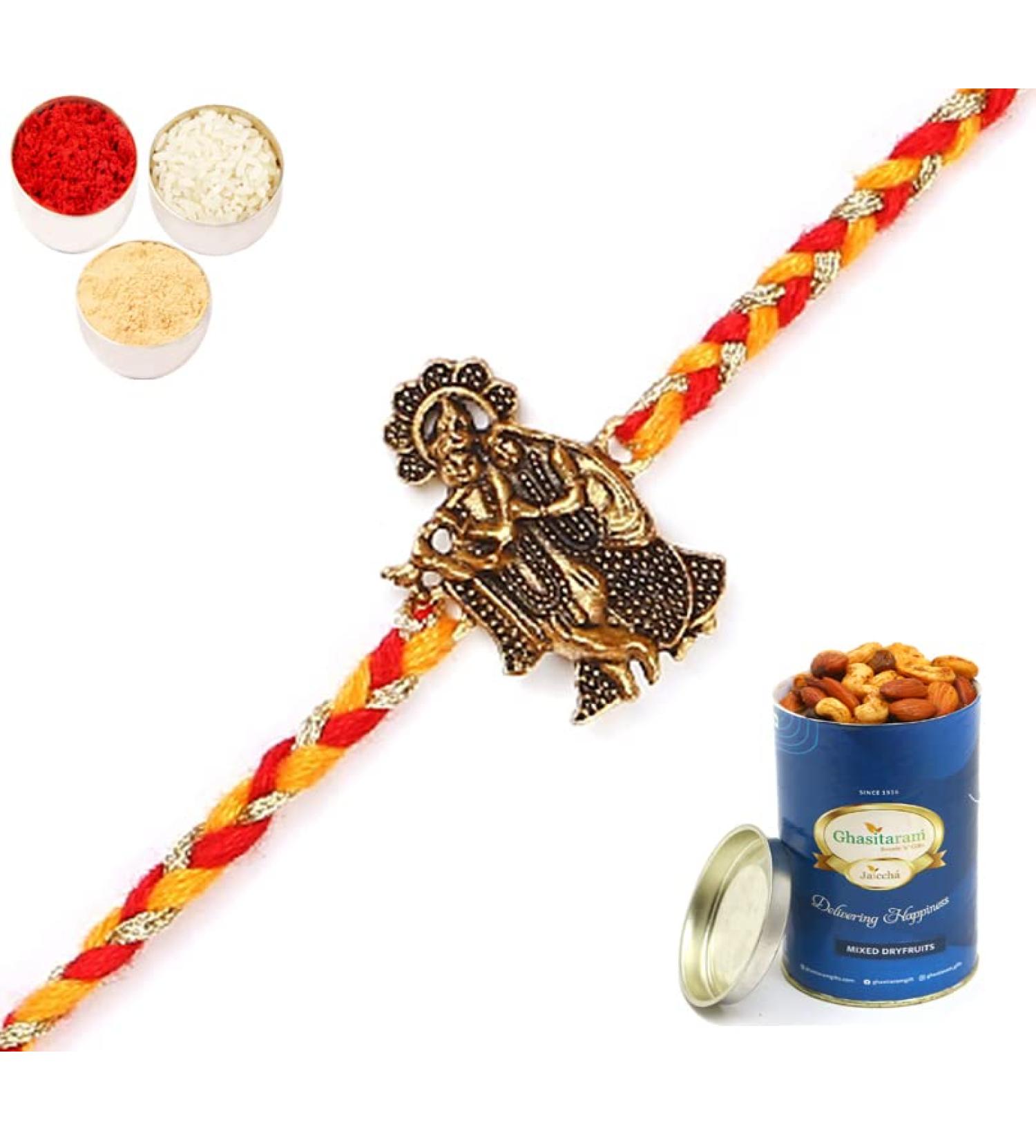 Ghasitaram Gifts Rakhi for Brother Rakhis Online - L-1 Krishna Rakhis with 100 GMS of Dryfruits Mix Can Rakhi with 100 gms of Dryfruits Mix Can - Buy Online on GoSupps.com