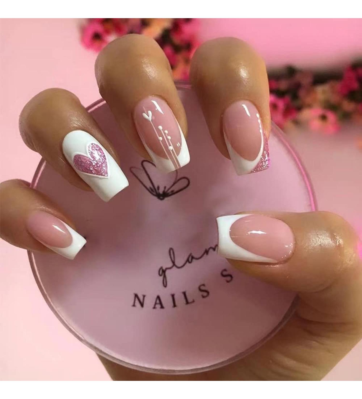 Medium Square White French Press On Nails | Camellia Coffin Shape with Heart Designs | 24 Piece Artistic Acrylic Nails for Women & Girls - Buy Online on GoSupps.com
