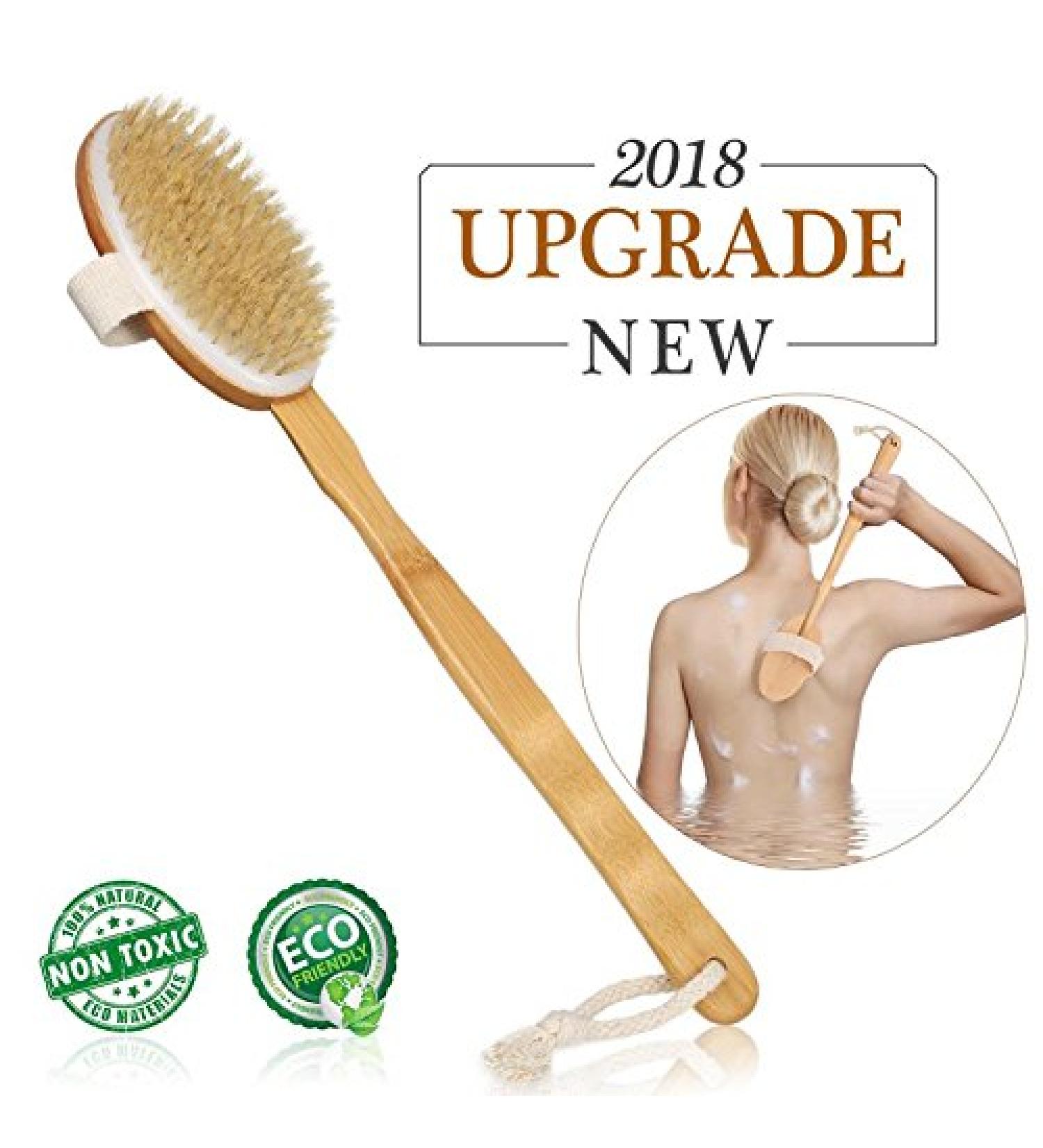 Nature Boar Bristle Body Brush with Bamboo Handle - Exfoliating Shower & Bath Scrubber for Dry Skin, Cellulite Reduction & Massage - Buy Online on GoSupps.com