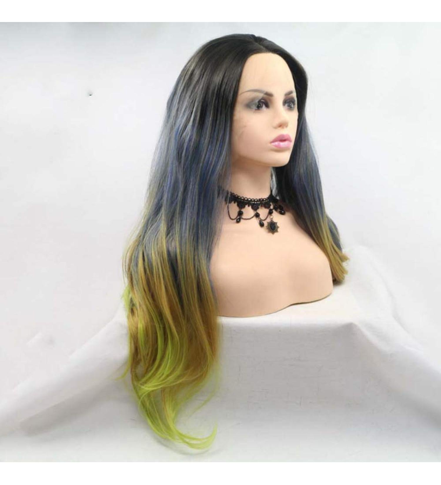 SHIYID Long Natural Straight Synthetic Lace Front Wig for Women - Black to Green Gray Heat Resistant Fiber Hair - Buy Online on GoSupps.com