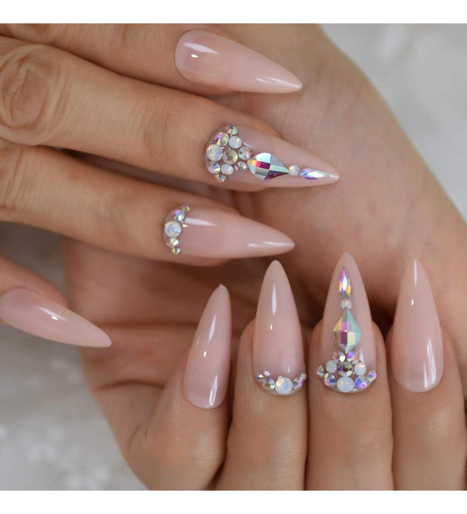 HUL Artificial Nail Tips - Natural Color Acrylic Pointed Toes with Strass Design | 24 Long High Heels Manicure Essentials - Buy Online on GoSupps.com