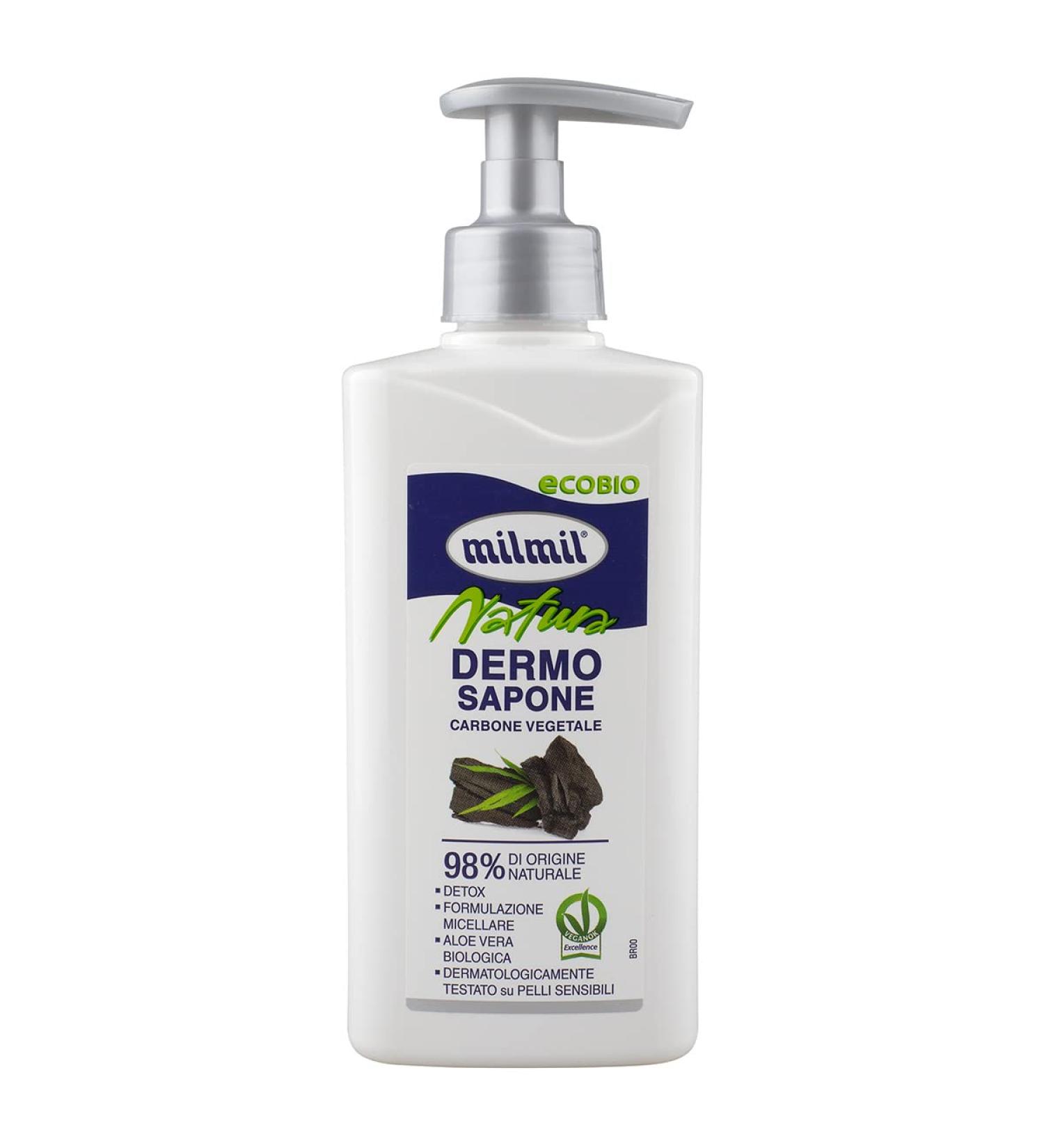  Milmil Milmil Dermo Nature Liquid Soap with Vegetable Charcoal and Aloe Vera Hand and Face Soap with Detoxifying Function Certified Vegan Dermatologically Tested - 300 ml - Buy Online on GoSupps.com