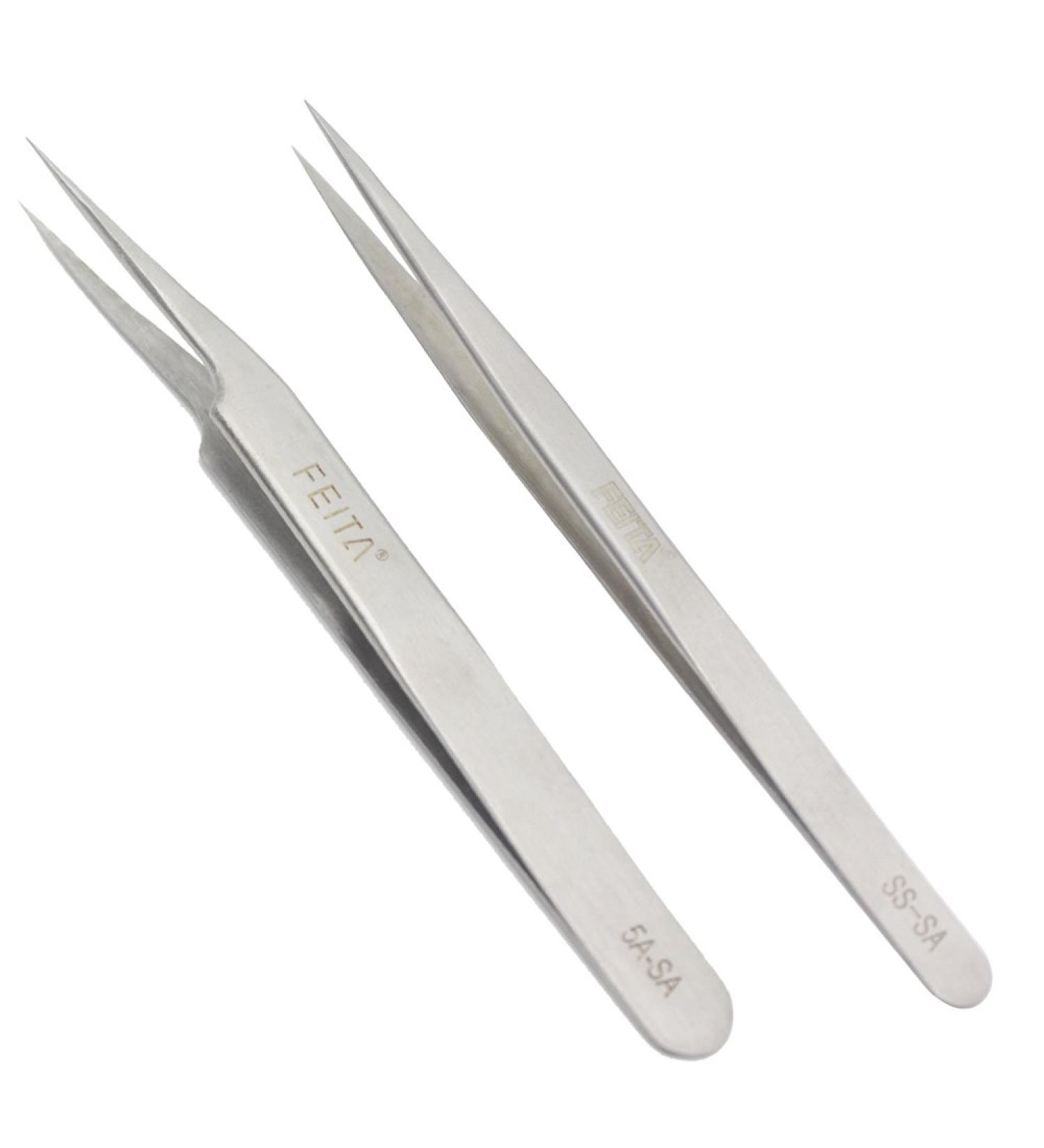 FEITA Precision Tweezers Set - Straight & Slanted Tip Stainless Steel Tweezers for Eyelash Extension, Craft, Jewelry, Eyebrow & Ingrown Hair Removal - Silver 2Pcs - Buy Online on GoSupps.com
