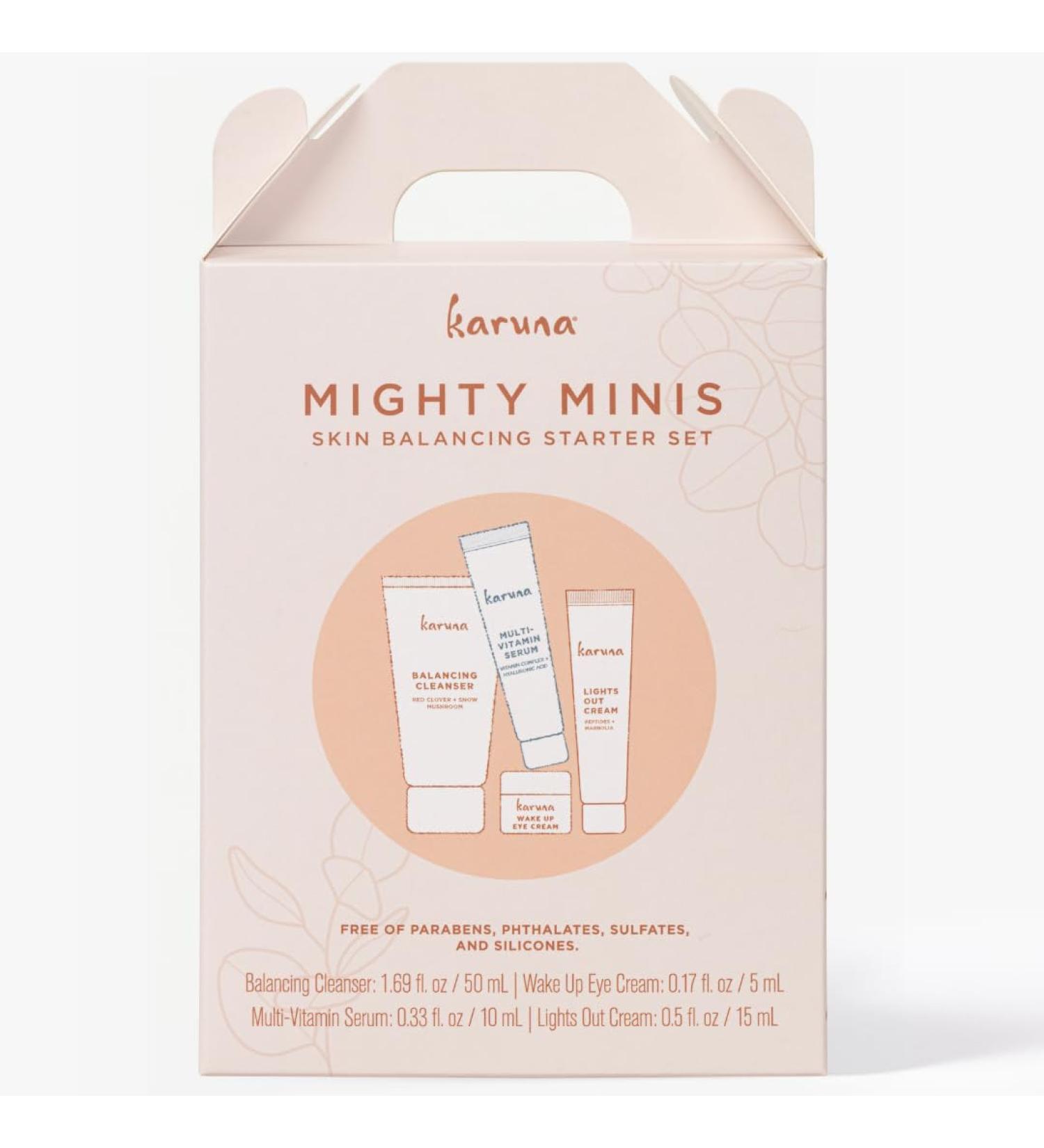 Karuna Mighty Minis Skin Balancing Starter Set | Includes: Balancing Cleanser 1.69oz/50ml Wake Up Eye Cream 0.17oz/5ml Multi-Vitamin Serum 0.33oz/10ml & Lights Out Cream 0.5oz/15ml - Buy Online on GoSupps.com