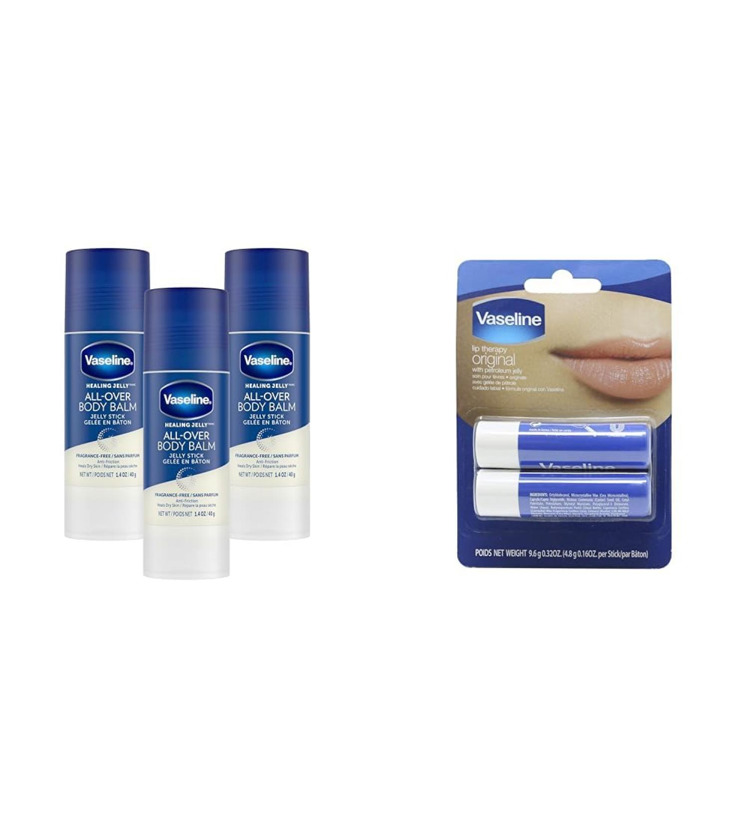 Vaseline Healing Jelly All Over Body Balm Jelly Stick dry skin relief gel moisturizer Original Petroleum Jelly for hard to reach spots 40 g (Pack of 3) & Lip Therapy Original 2x4.8g Skin Moisturizer+ 2 Pack - Buy Online on GoSupps.com