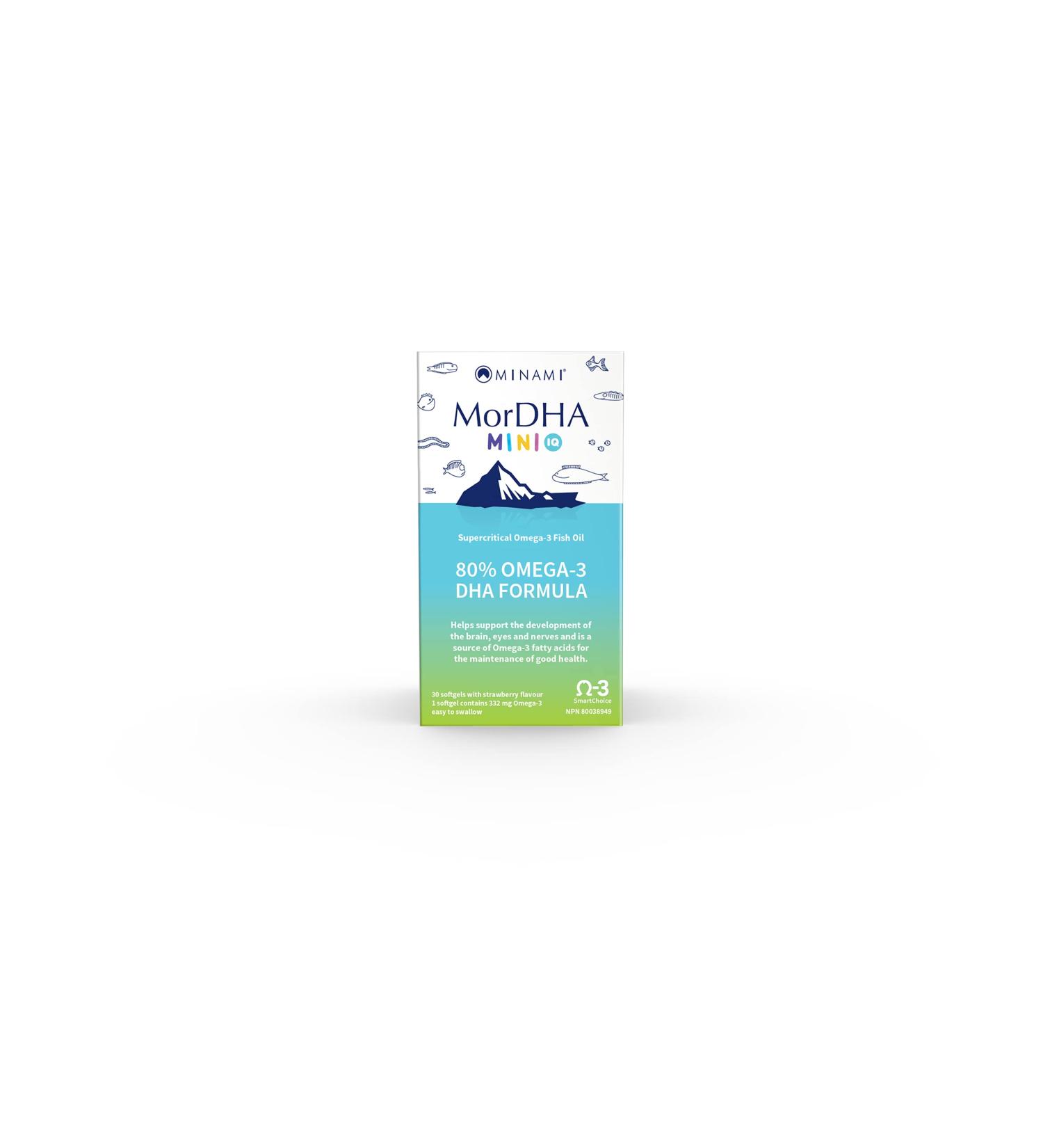 Minami MorDha Mini I.Q. Softgels 30 Count Strawberry. Helps to support the development of the brain eyes and nerves and is a source of omega-3 fatty acids for the maintenance of good health. Highest children's DHA formula. - Buy Online on GoSupps.com