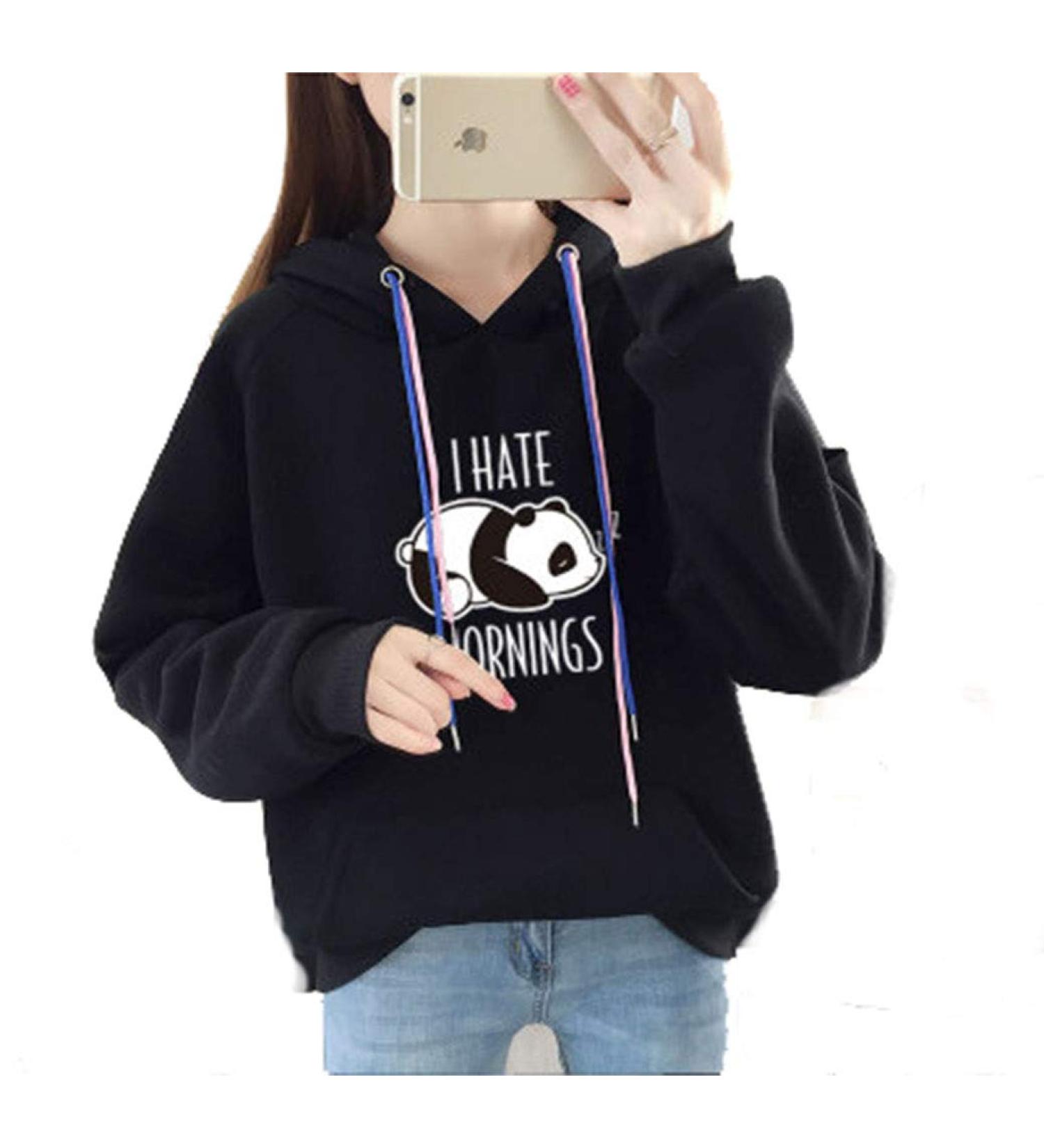 Bigfanshu Women's Dresses Autumn Hoodies Character Print I Hate Morinings Sweatshirt with Pocket Black - Buy Online on GoSupps.com