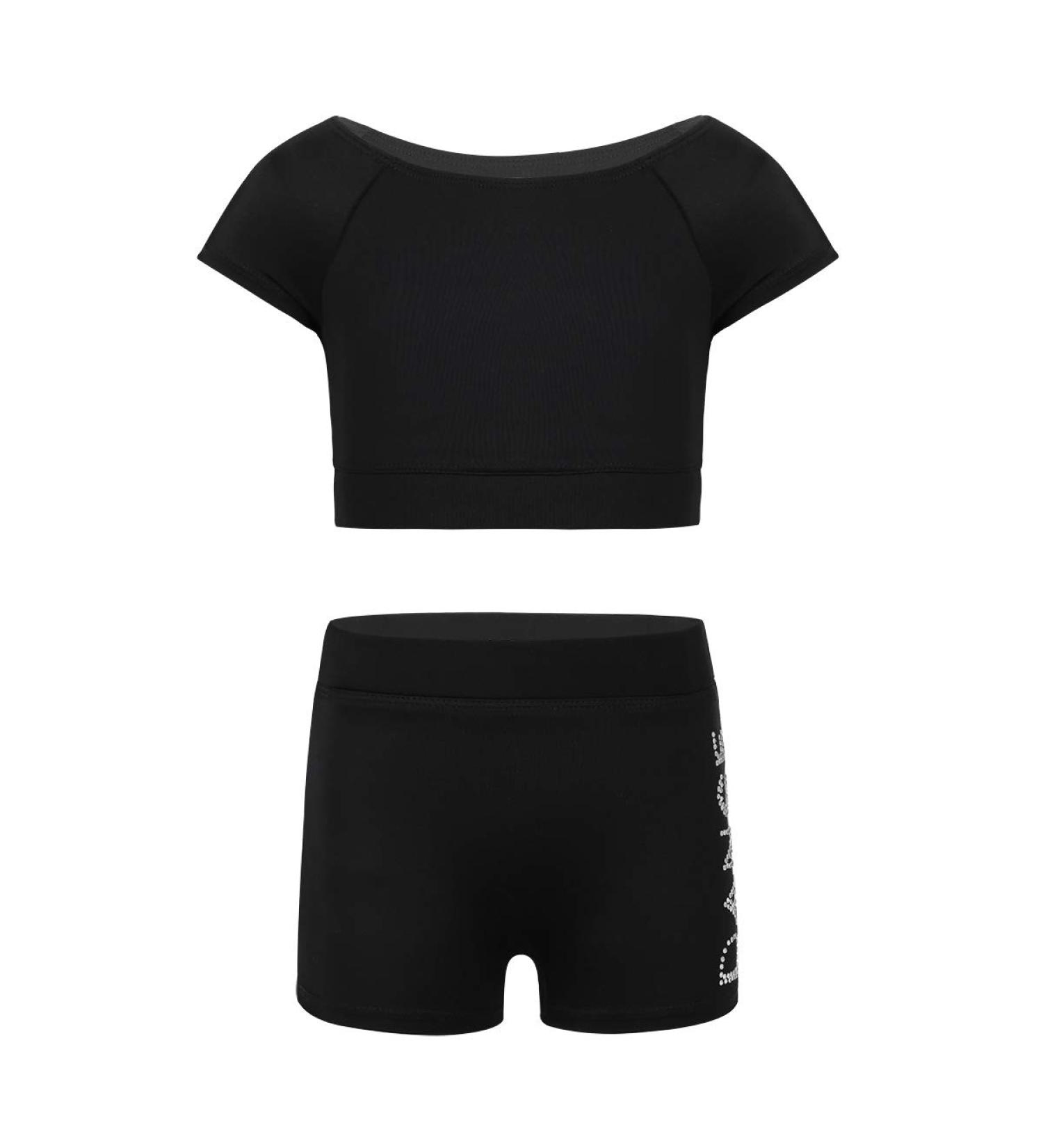 Girls' Two-Piece Gym Dance Outfit Set | Black Crop Top & Boy Cut Shorts | Size 8-10 - Buy Online on GoSupps.com