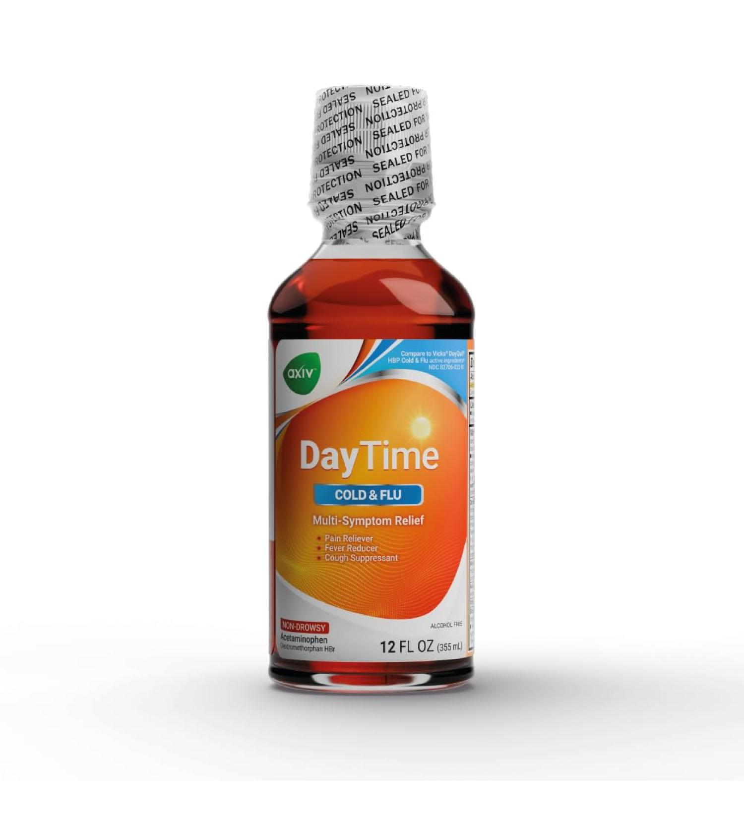 AXIV Daytime Multi-Symptom Relief - Non-Drowsy Cold Cough & Flu Liquid Medicine 12 FL OZ - Alcohol Free Fast-Acting Relief - Buy Online on GoSupps.com