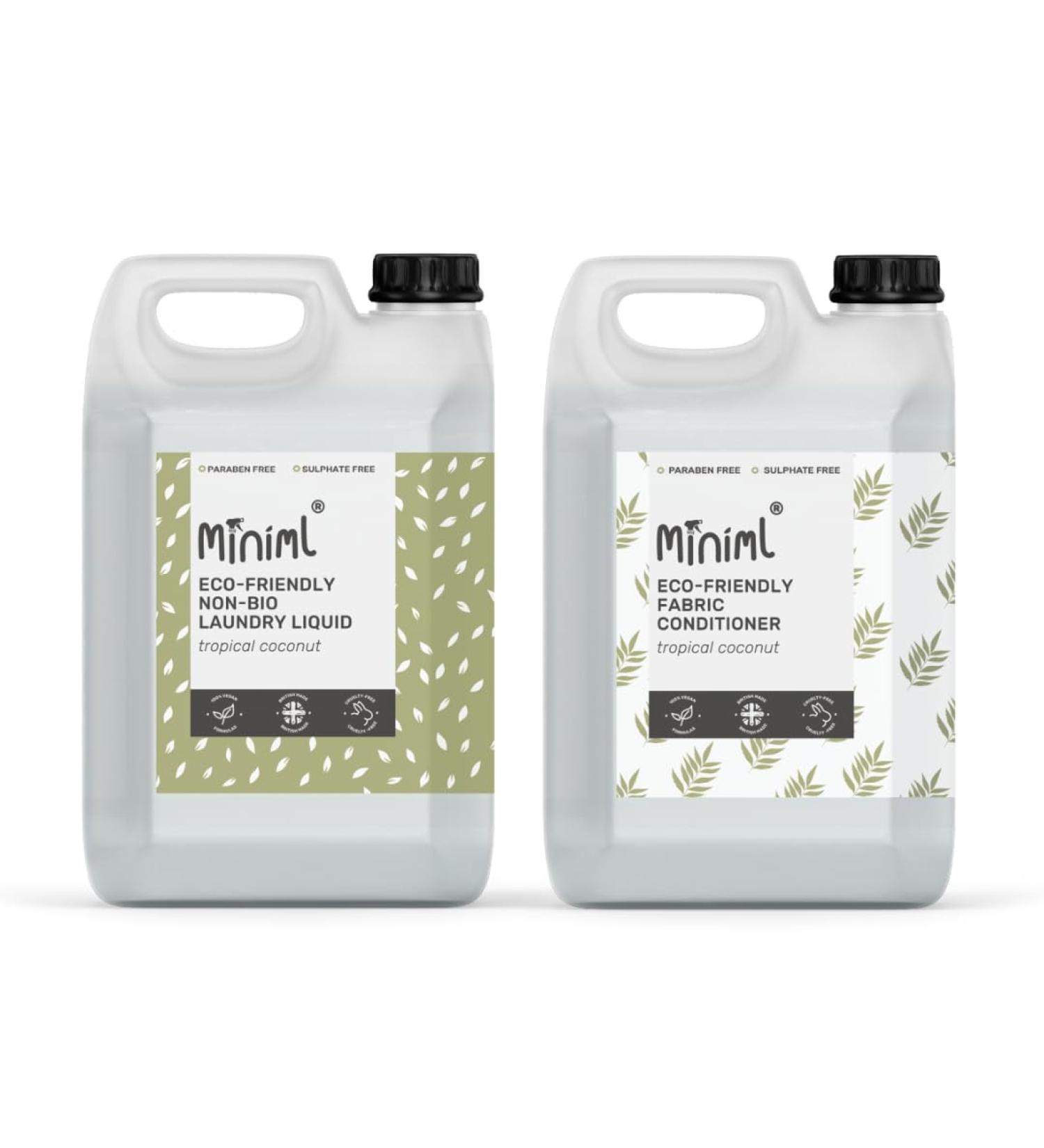 Miniml Eco Laundry Bundle 5L Refill Non Bio Laundry Liquid Washing Detergent + Fabric Softener & Conditioner Tropical Coconut Scented- 100% Vegan & Cruelty Free Natural Ingredients for Sensitive Skin - Buy Online on GoSupps.com