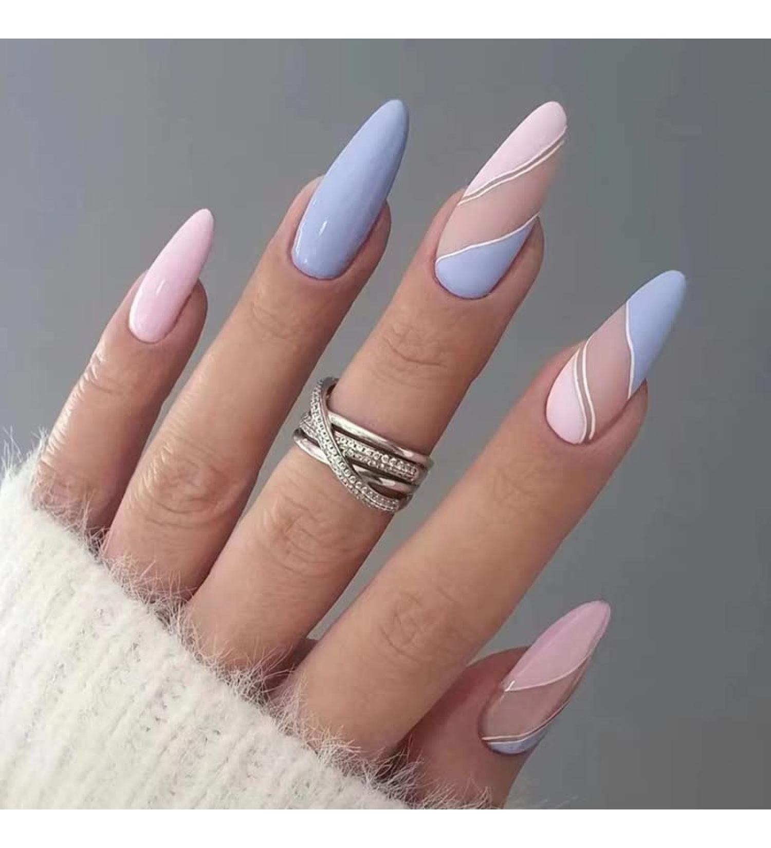 BSLVWG 24-Piece Multi-Colored Wave Pattern Almond Press-On Nails | Short Nude Swirl False Nails for Women | Oval Artificial Nails with Glue | Nail Art Essentials - Buy Online on GoSupps.com