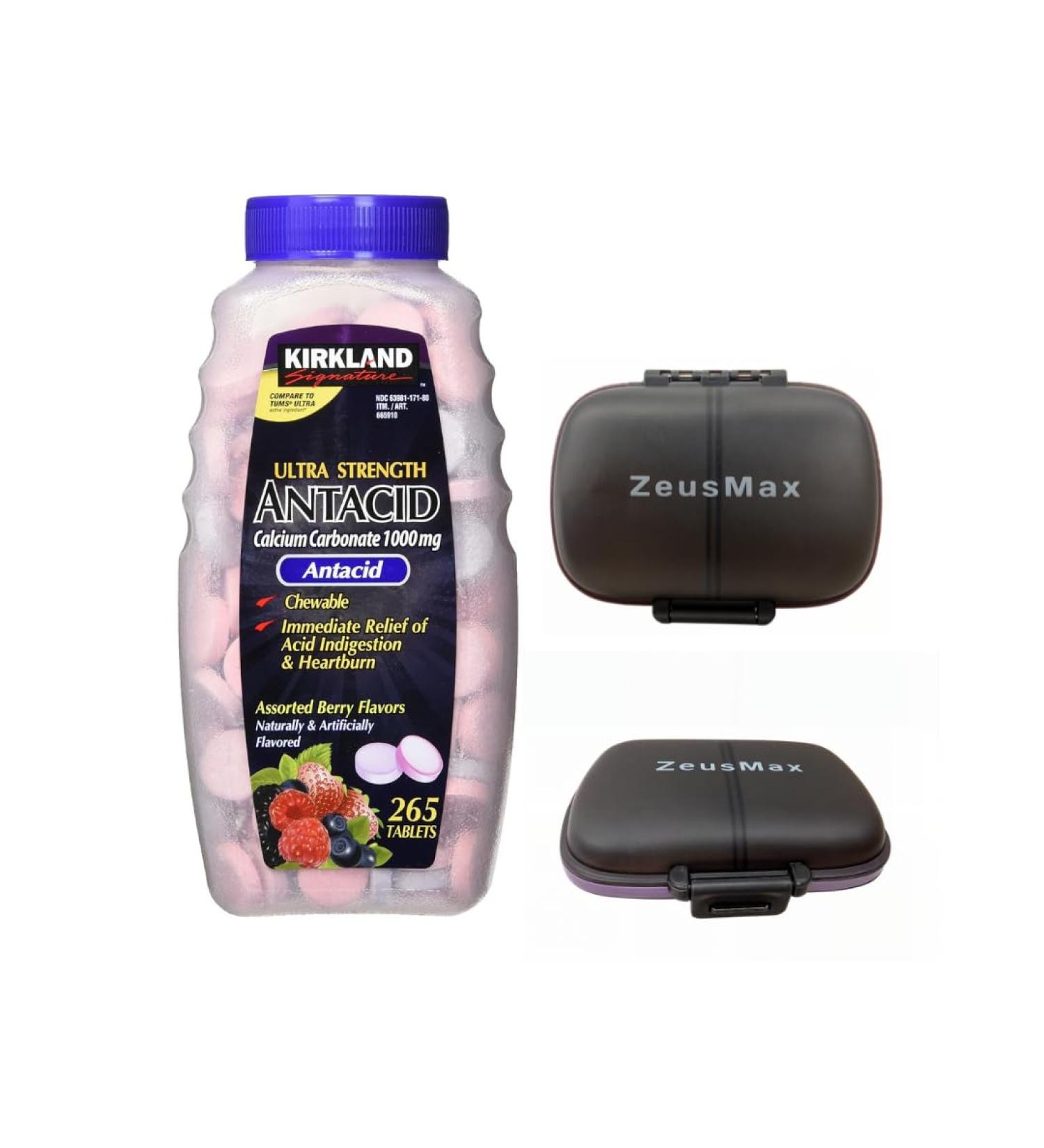 Ultra Strength Antacid Chewable Tablets 1000mg - 265 Count | Fast Heartburn Relief & Assorted Berry Flavor | Includes ZeusMax 8 Compartments Pill Box - Buy Online on GoSupps.com