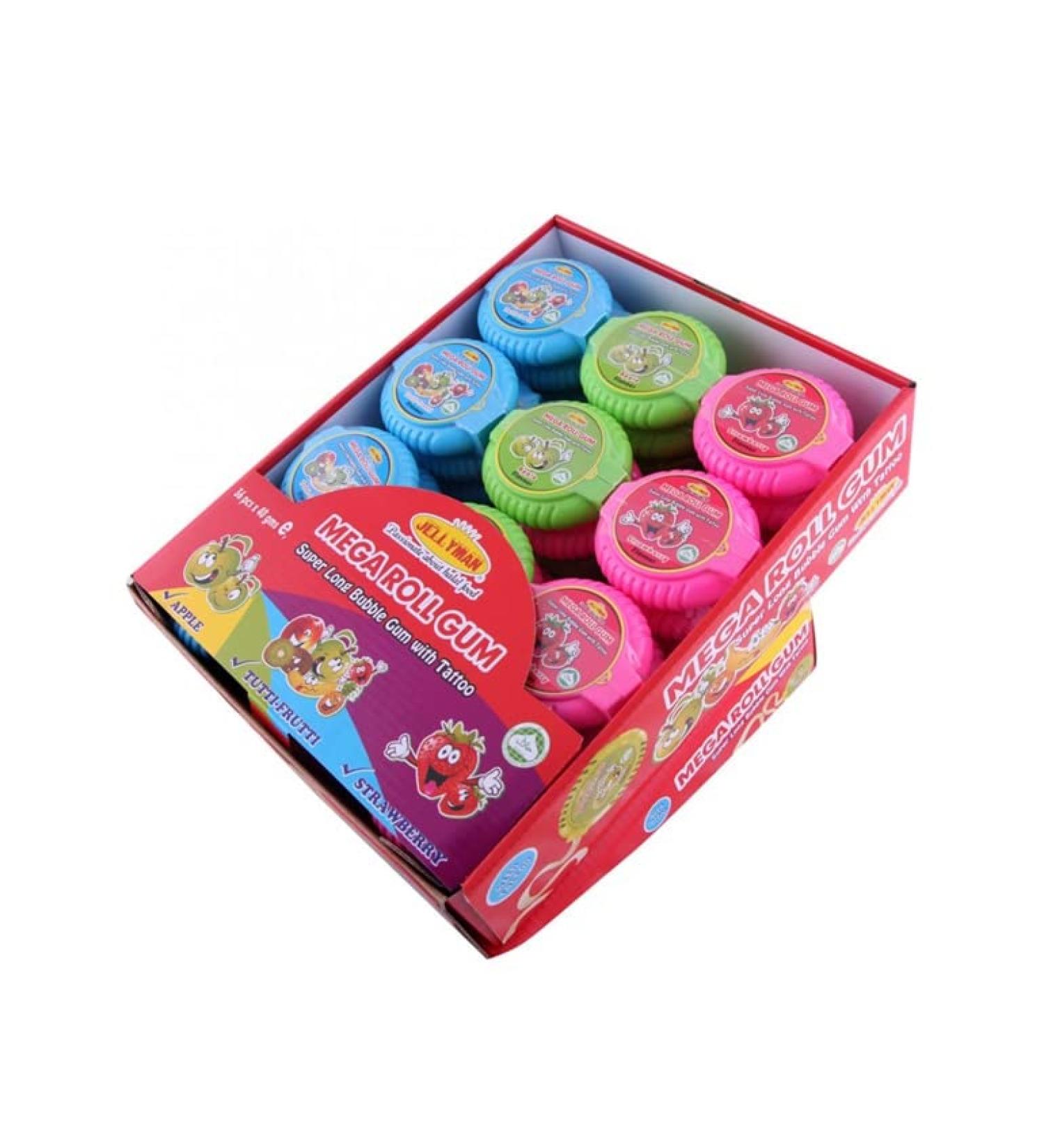 Jellyman Mega Roll Gum (40 g) Super Long Bubble Gum avec tatouage 3 saveurs (pomme, tutti frutti et fraise) (mélange toutes les saveurs, 36)