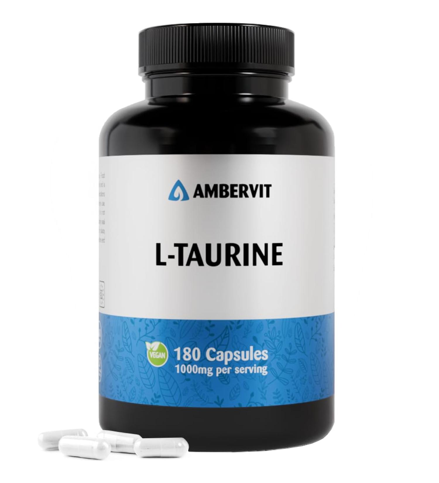 Taurine 1000 mg - 180 capsules - Approvisionnement de 3 mois | Acide amin v g talien facile avaler dosage lev et sans agents de remplissage artificiels | Ambervit - Buy Online on GoSupps.com