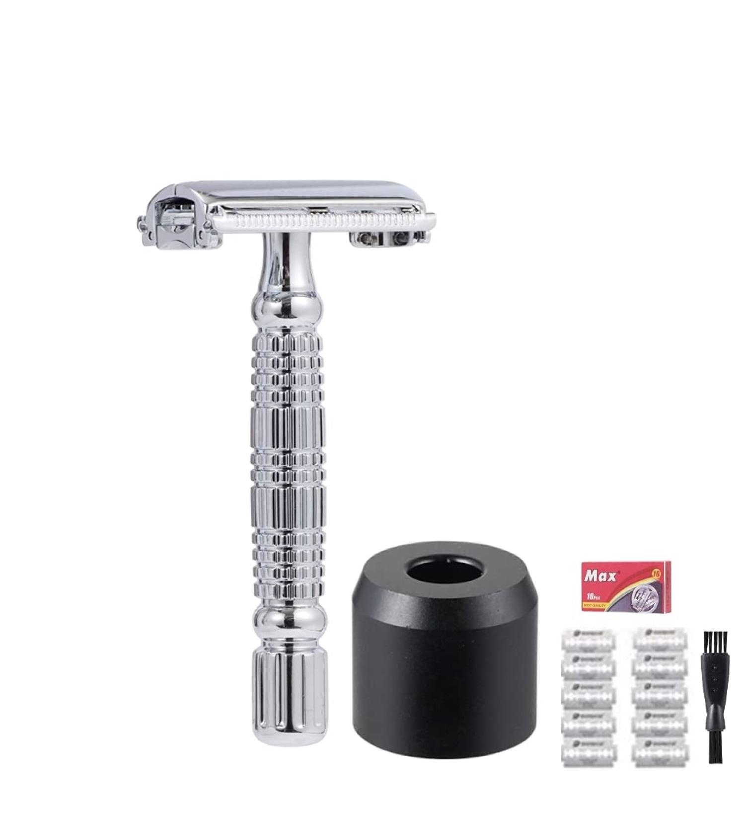 Double Edge Safety Razor TTO Butterfly Twist Open DE Shaving Razor with Razor Stand 10 Premium Blades and Mini Brush (SILVER RAZOR + BLACK STAND)
