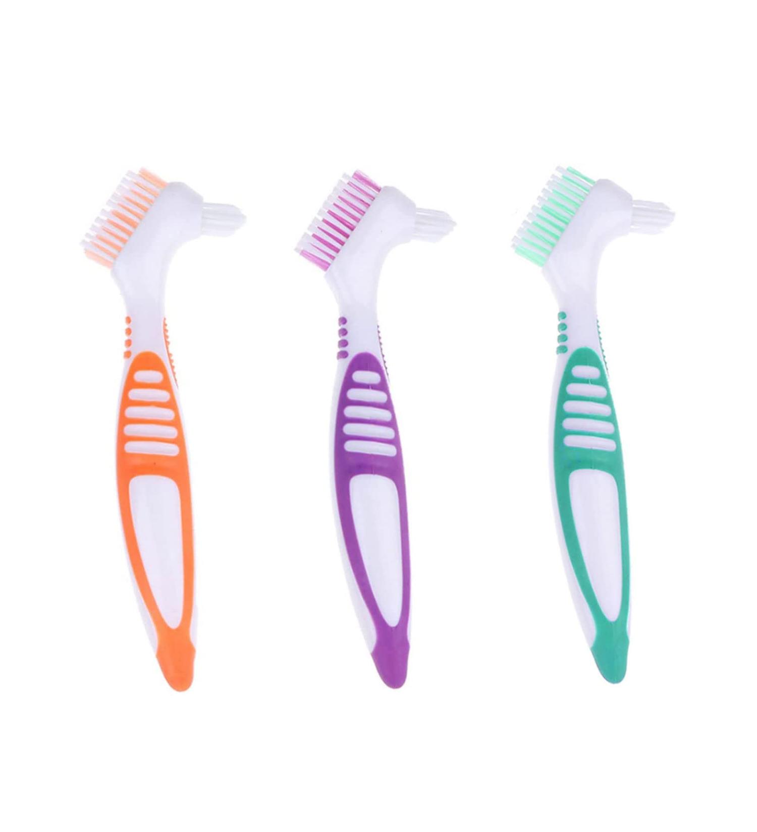 FRUTA 3 Pcs Denture Cleaning Brushes - Double Sided Multi-Layered Bristles - Portable Brush for False Teeth - 3 Colors - Buy Online on GoSupps.com