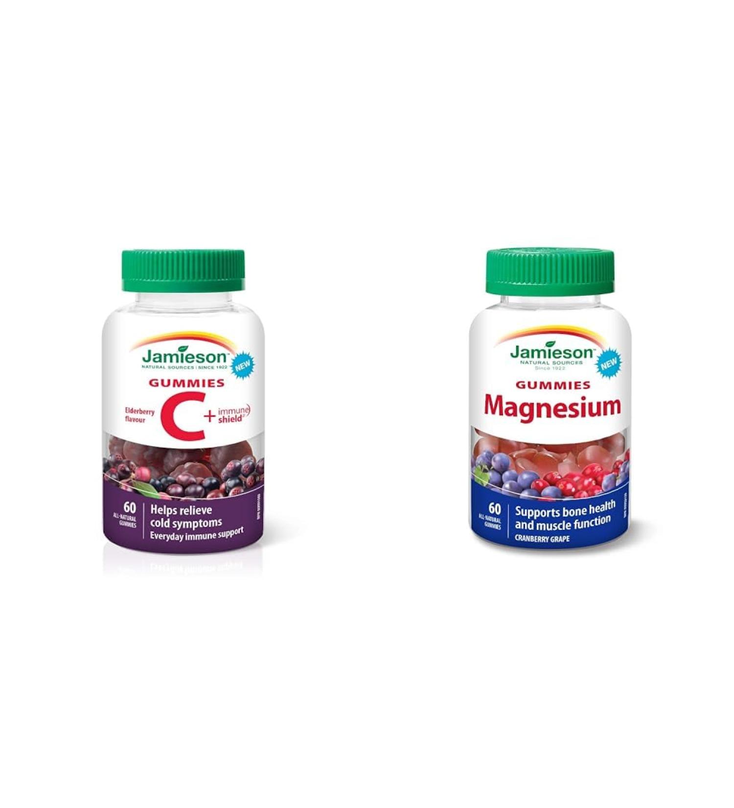 Jamieson Vitamin C plus Immune Shield Gummies - Elderberry Flavour 60 Count (Pack of 1) & Magnesium Gummies - Cranberry Grape Flavour 60 Count (Pack of 1) Gummies + Gummies 60 Count - Buy Online on GoSupps.com