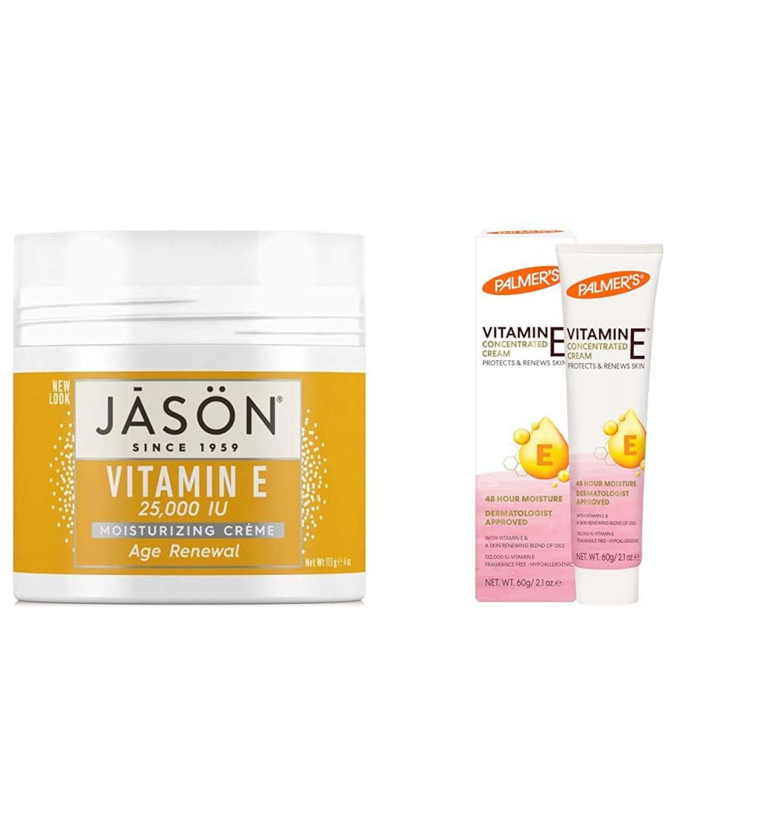 JASON Moisturizing Creme Vitamin E 25 000 Age Renewal 4 Oz (Packaging may vary) & Palmer's Vitamin E Concentrated Hand & Body Cream 2.1 Ounce