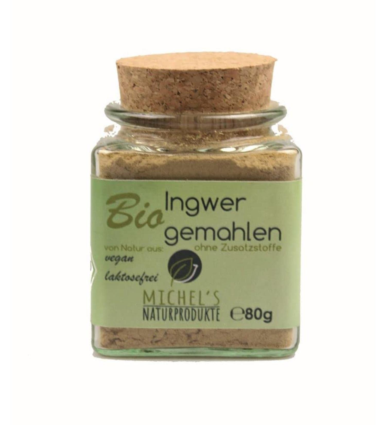 Michel's natural products - organic ginger powder from India in the recoverable glass 80g bottled in Germany vegan and lactose -free finely ground 100% natural and pure - without additives 80 gr