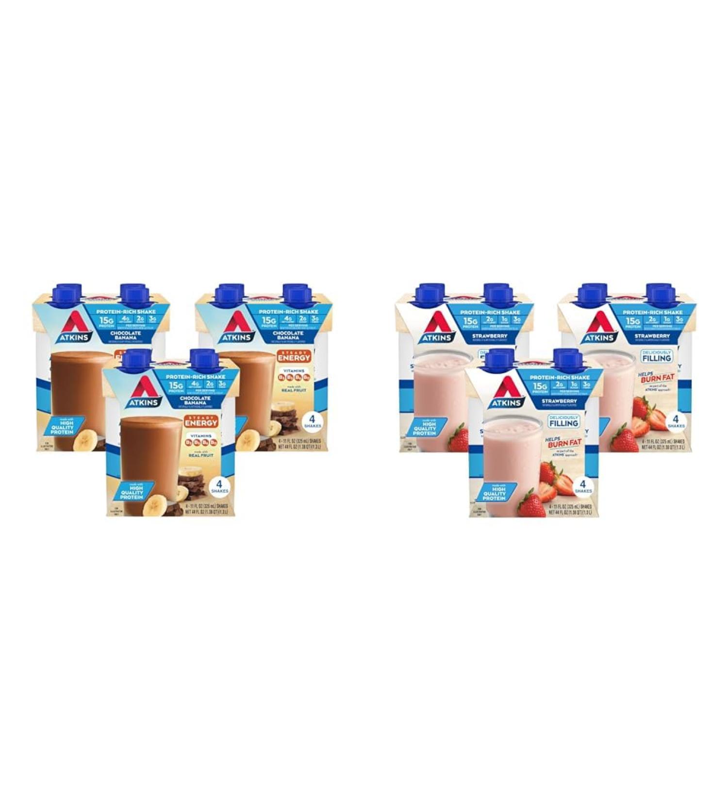 Atkins Chocolate Banana Protein Shake 15g Protein & Strawberry Protein Shake 15g Protein Low Glycemic 2g Net Carb 1g Sugar Keto Friendly 12 Count - Buy Online on GoSupps.com