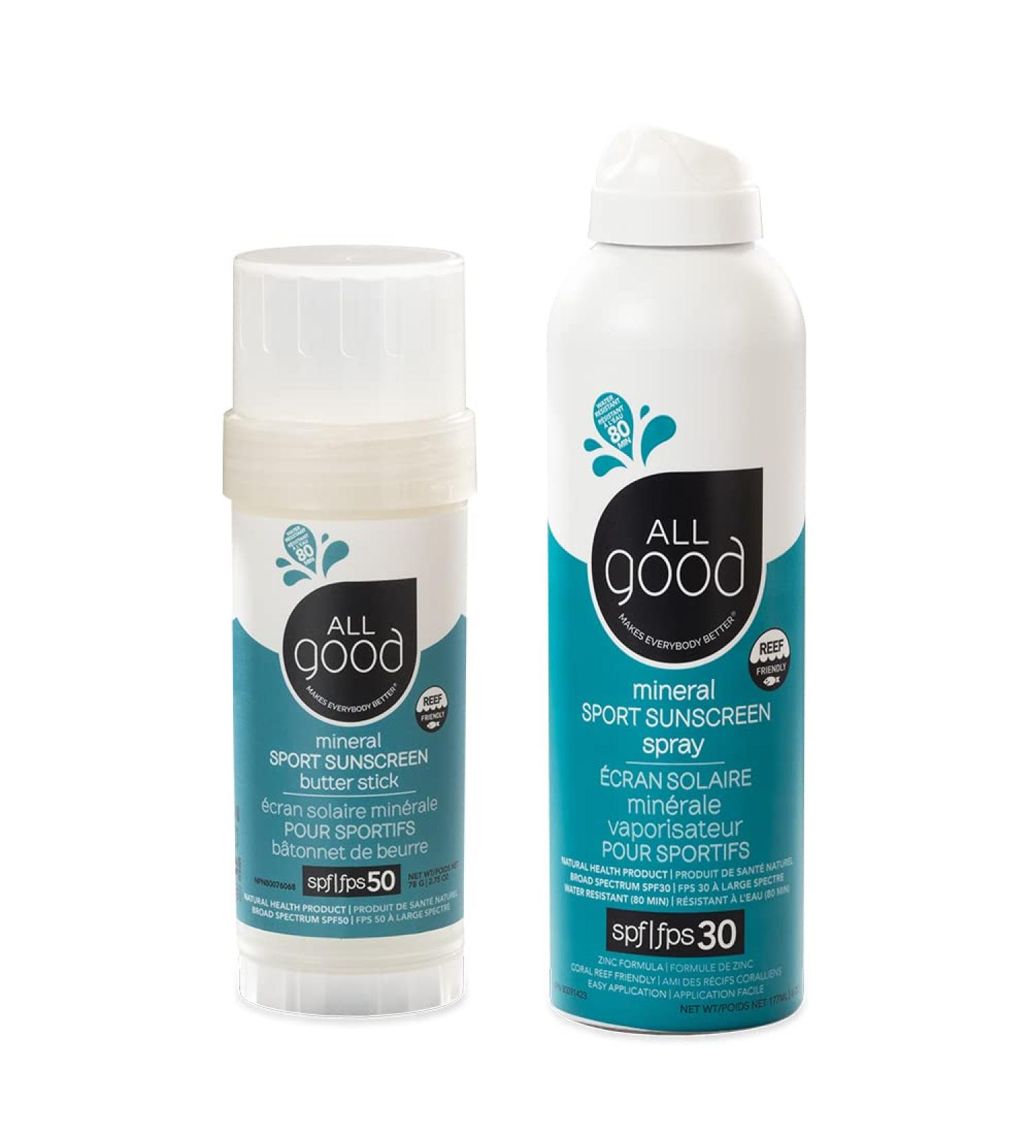 All Good Sport Sunscreen Spray & Butter Stick - 30 SPF & 50 SPF - Water Resistant, Coral Reef Friendly - 2 oz - Pack of 1 - Buy Online on GoSupps.com