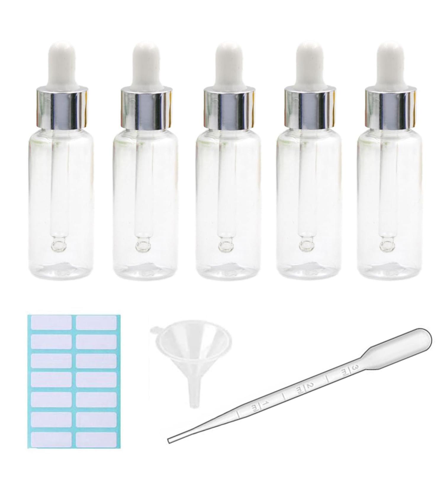 5Pcs Transparent Dropper Bottle 50ML Plastic Eye Dropper Bottles for Essential Oil Pipette Refillable - with Measured Pipette Funnel and Labels (White + Silver Cap) 50ml White + Silver Cap - Buy Online on GoSupps.com
