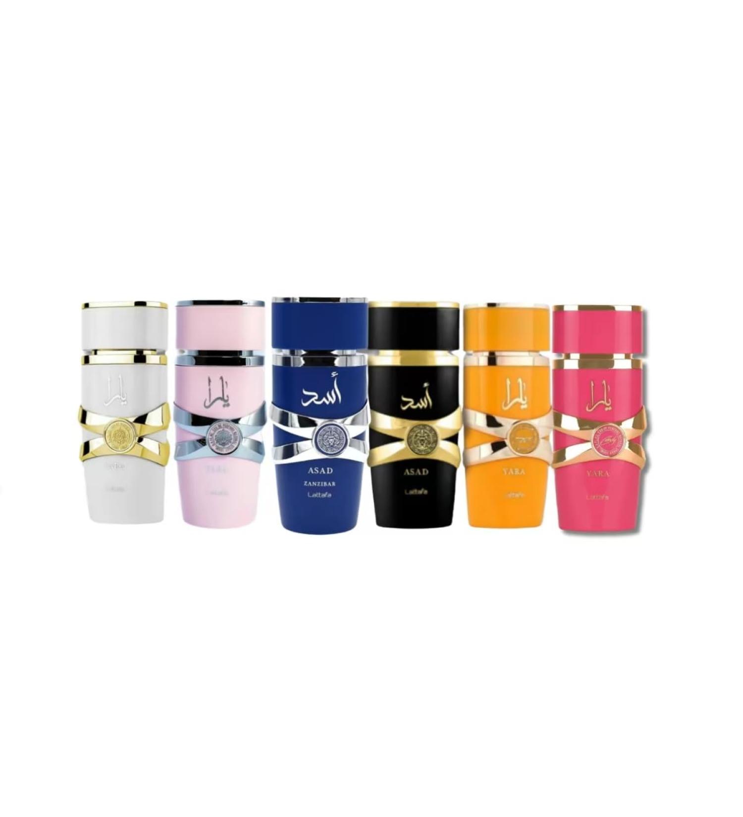 New Yara Collection 6 Piece Set Eau De Parfum Spray for Unisex (3.4 Ounce Pink Yara + 3.4 Ounce Yara Moi + 3.4 Ounce Yara Tous + 3.4 Ounce Yara Candy+ 3.4 ounce Asad + Asad Zanzibar