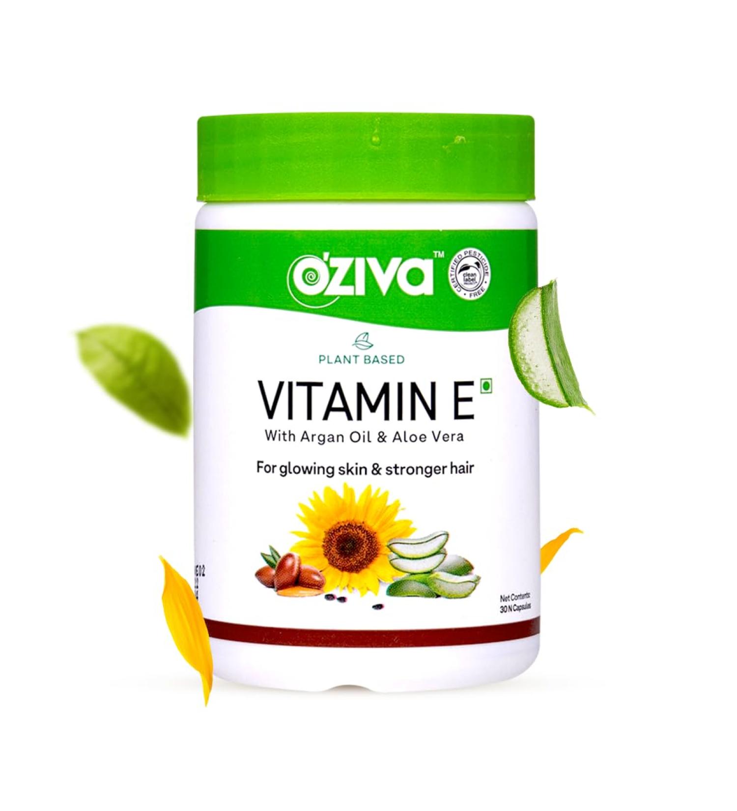 OZiva Plant Based 100% Natural Vitamin E + Aloe Vera + Argan Oil for Glowing Skin & Stronger Hair 30 Veg Capsules Non GMO - Buy Online on GoSupps.com