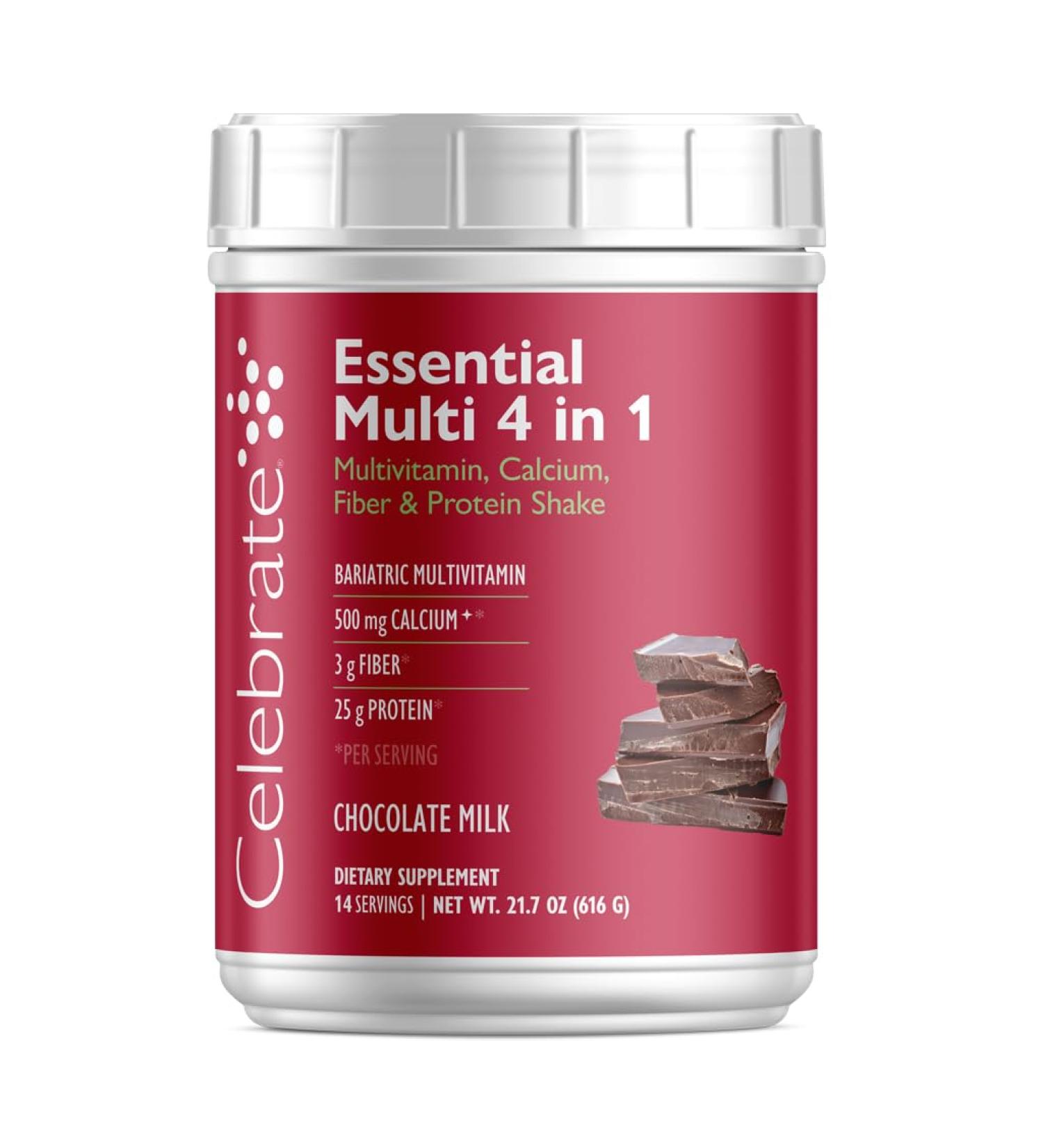 Celebrate Vitamins Essential Multi 4-in-1 Powder - Bariatric Multivitamin 500mg Calcium 4g Fiber 25g Protein Shake Mix - Chocolate Milk (14 Servings) - Buy Online on GoSupps.com