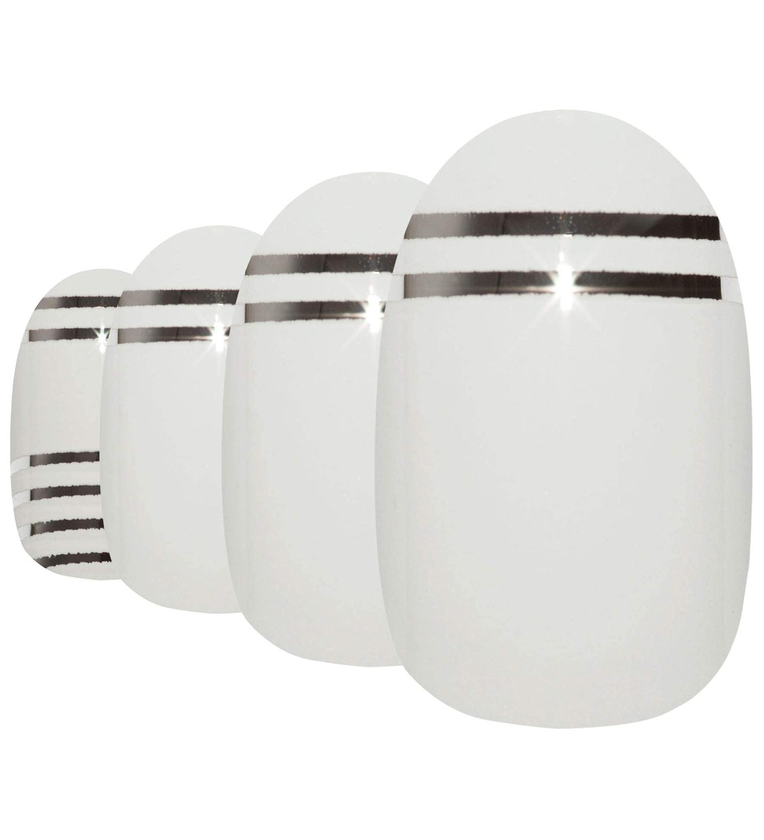 Shop Bling Art White Silver Glossy Oval False Nails - 24 Medium Tips | International Shipping - Buy Online on GoSupps.com