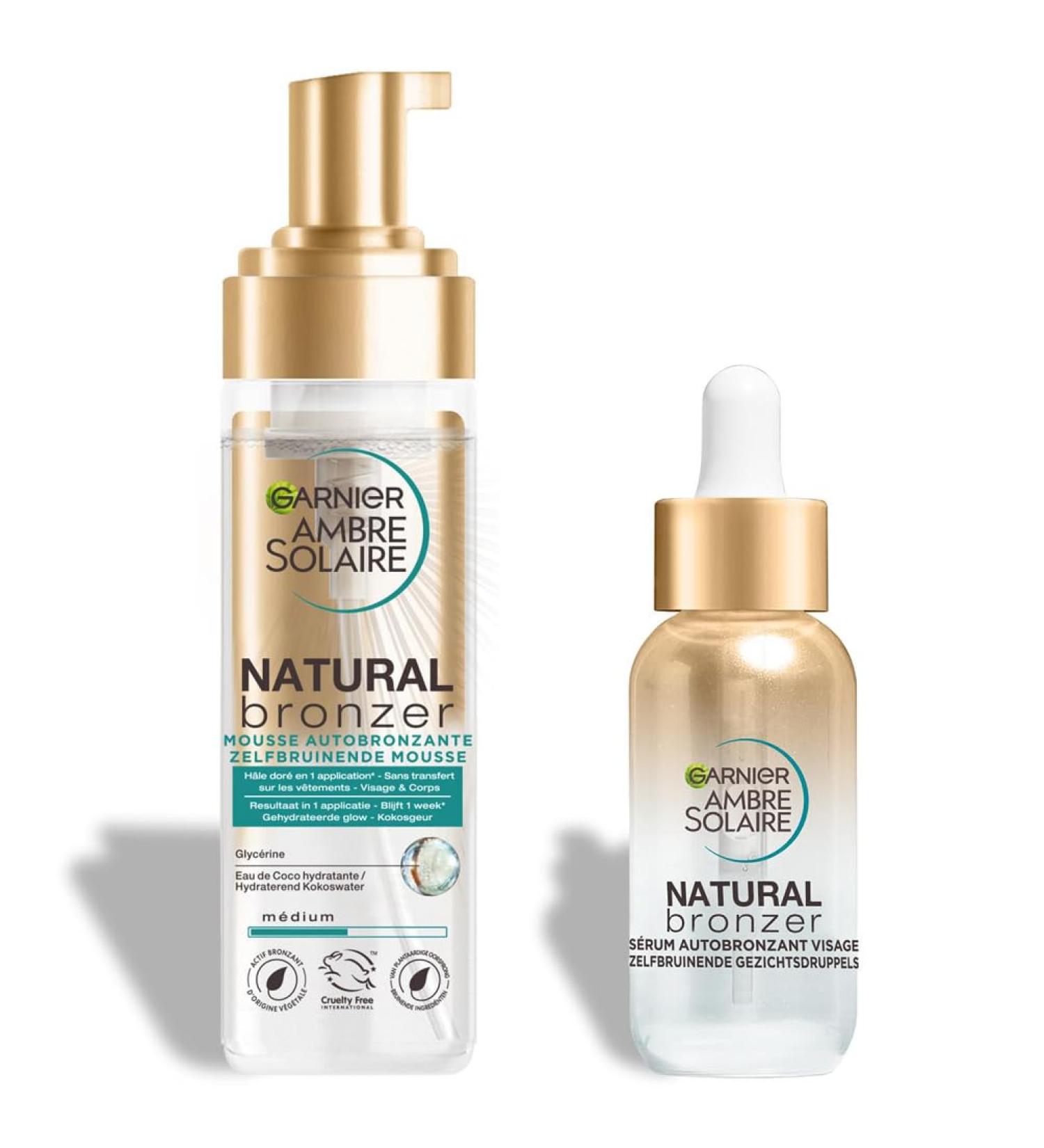 GARNIER Ambre Solaire - Coffret Mousse & S rum Autobronzants & Hydratants - Teint Naturel & Radieux - Eau De Coco Glyc rine Acide Hyaluronique - Vegan & Cruelty Free - Visage & Corps Coffret Autobronzant Visage + Corps - Buy Online on GoSupps.com
