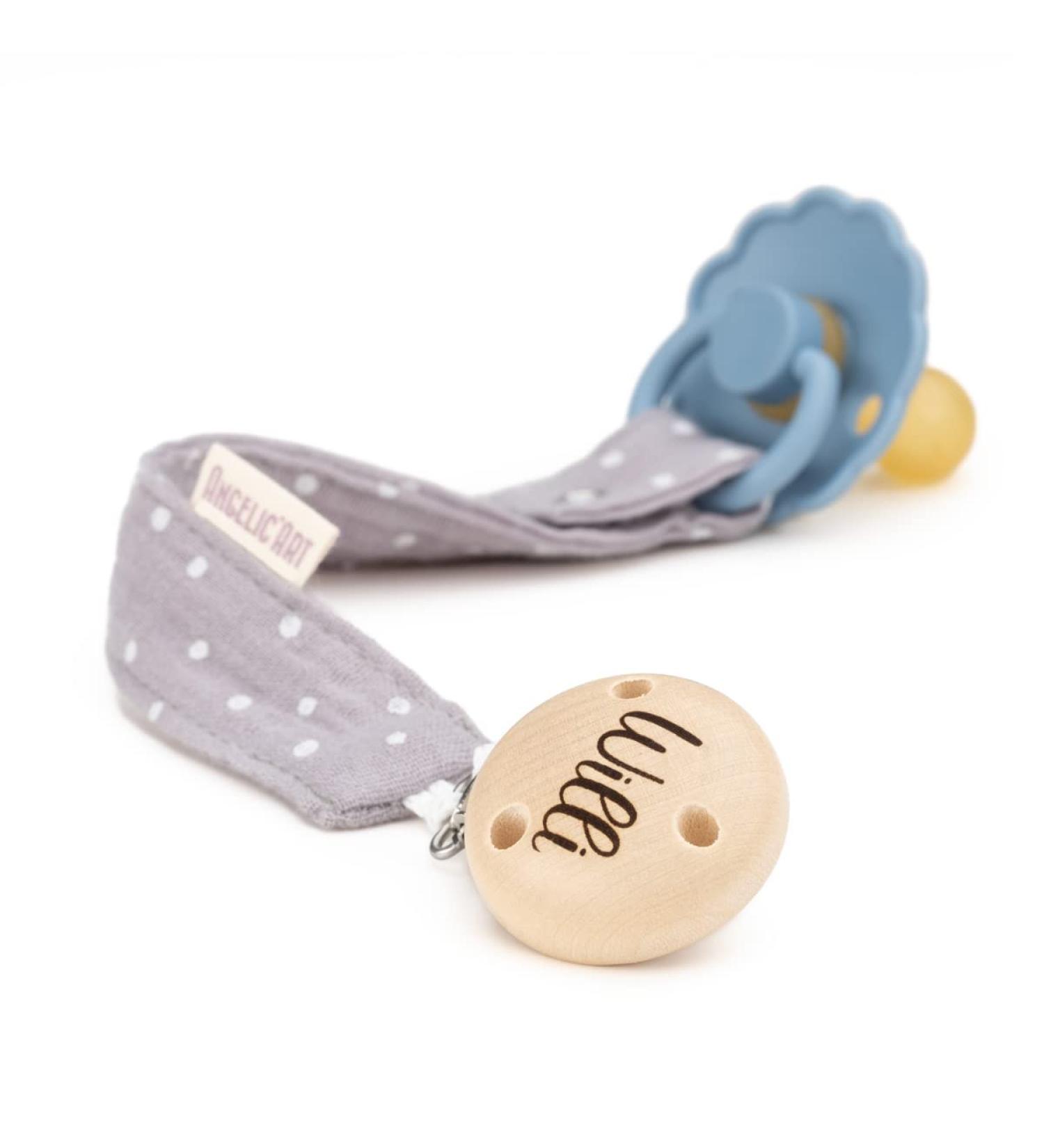 Custom AngelicArt Pacifier Strap for Boys & Girls - Engraved Name - Gray Dotted - Perfect Baby Gift - Buy Online on GoSupps.com