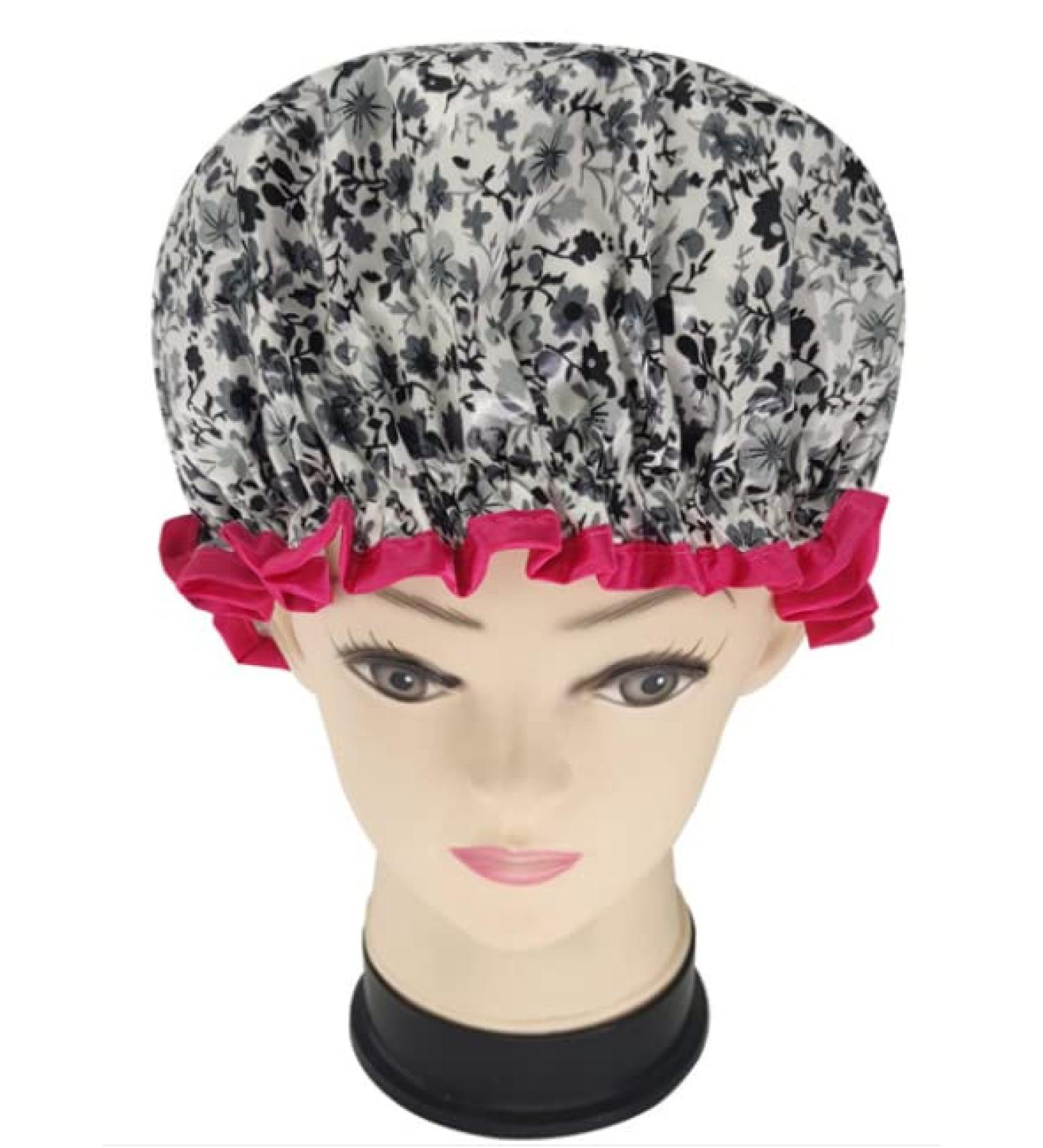 Huachnet Waterproof Women's Shower Cap - Black Flower in White | Double Layers - Buy Online on GoSupps.com