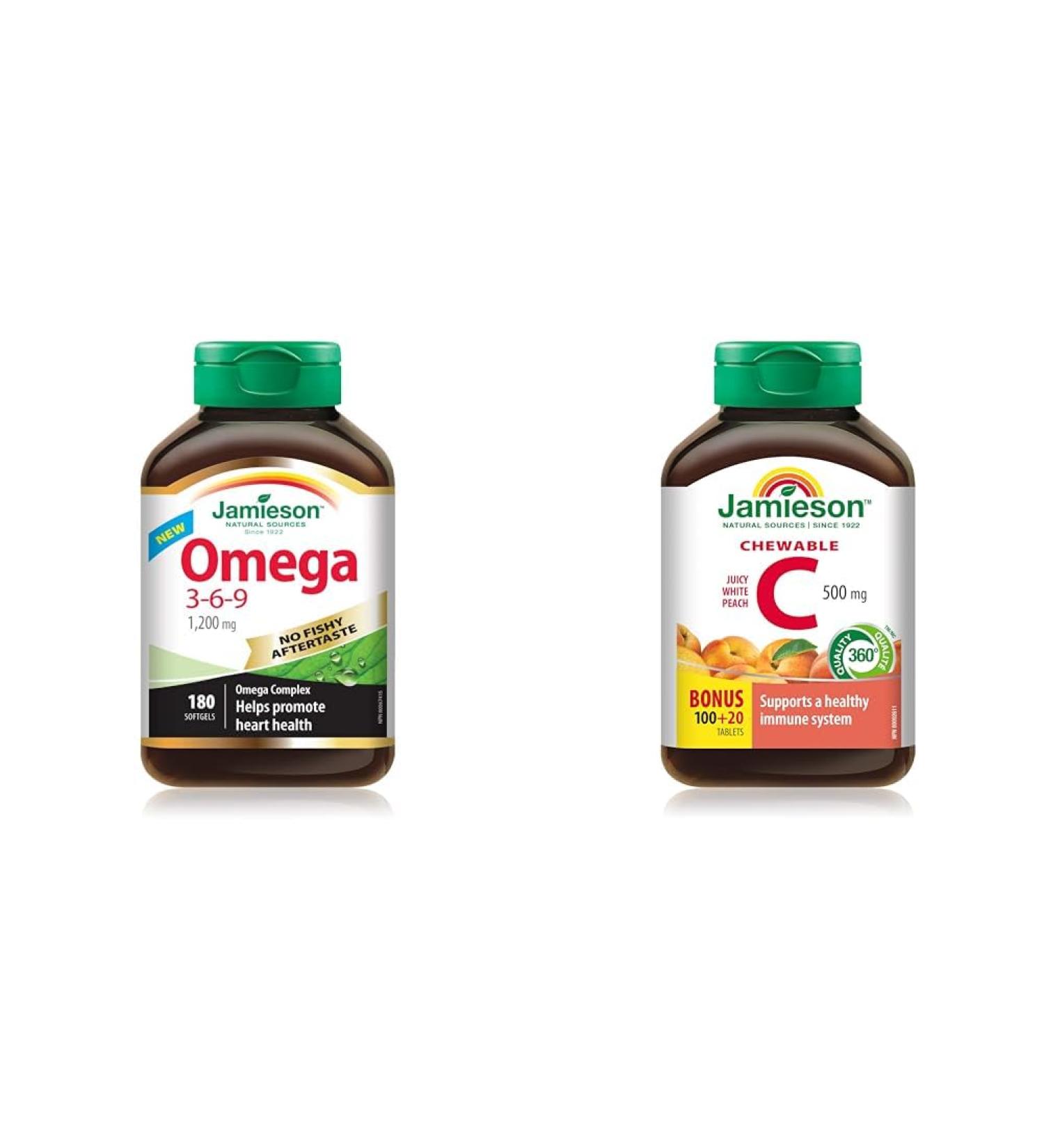 Jamieson NFA Omega 3-6-9 180 Softgels & Chewable Vitamin C 500 mg - White Juicy Peach Flavour 120 Count (Pack of 1) SUPPLEMENT + VITAMIN 9221 - Buy Online on GoSupps.com