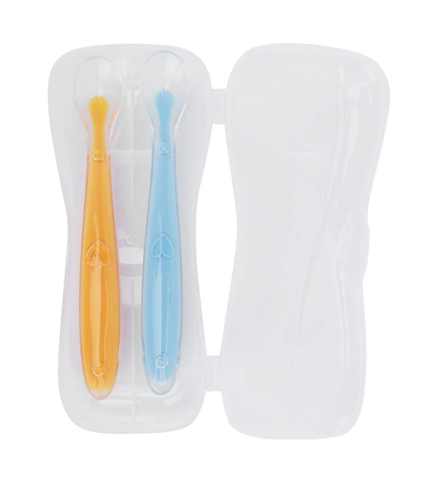 Soft Silicone Baby Training Spoon Set - 2 Parts with Box | Child Dining & Feeding Utensils for Weaning (Yellow & Blue) - Buy Online on GoSupps.com
