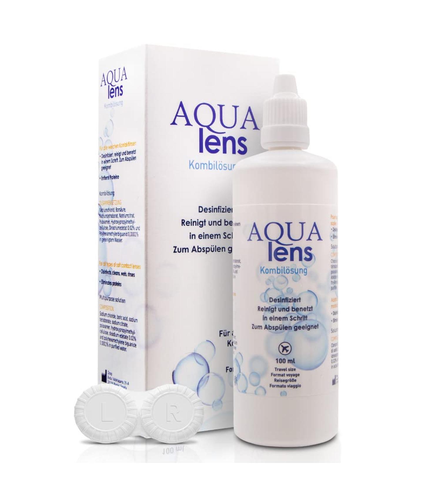 Aqua Lens Contact Lenses Fluidy Travel Set - 100ml Flight Pack & Container | Premium All-in-One Solution for Soft Lenses with HPMC - Buy Online on GoSupps.com
