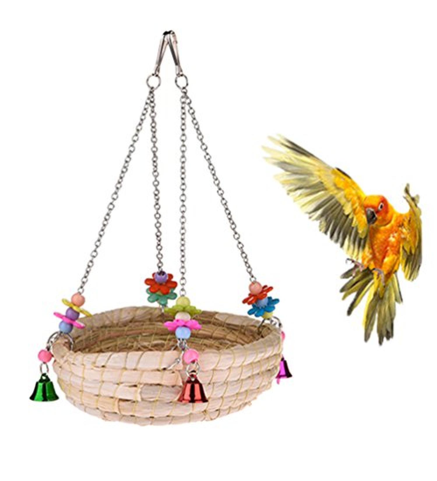 Woven Straw Nest Bed Large Bird Swing Toy with Bell for Parrot Cockatiel Parakeet and More - Perfect Cage Perch for Various Small to Medium Birds and Small Pets - Buy Online on GoSupps.com