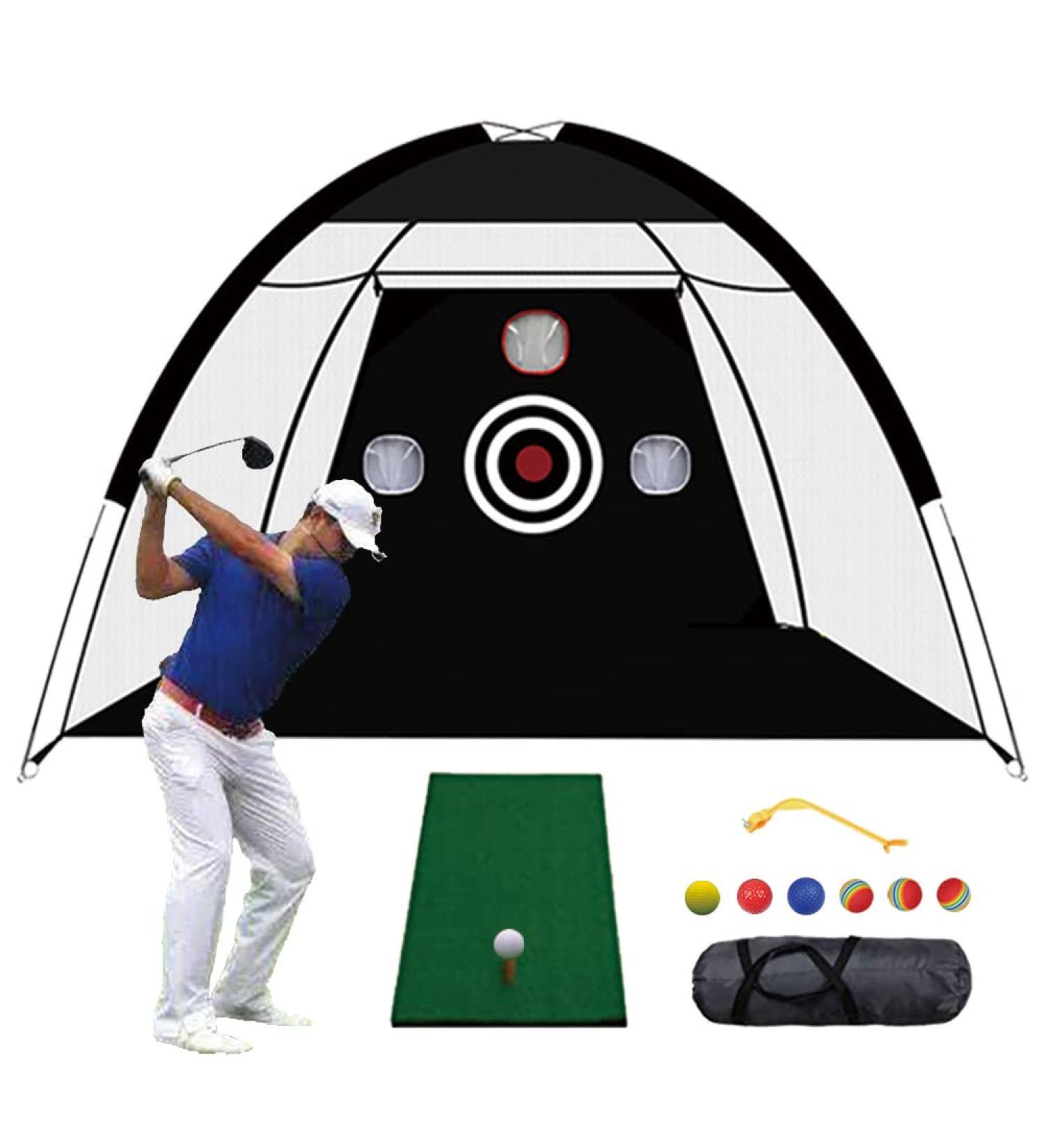 Golf Hitting Net 10x7ft with Hitting Mat, Swing Trainer Aid, Golf Balls, Tees, and Swing Corrector - Ideal Golf Gift for Men/Women - Buy Online on GoSupps.com