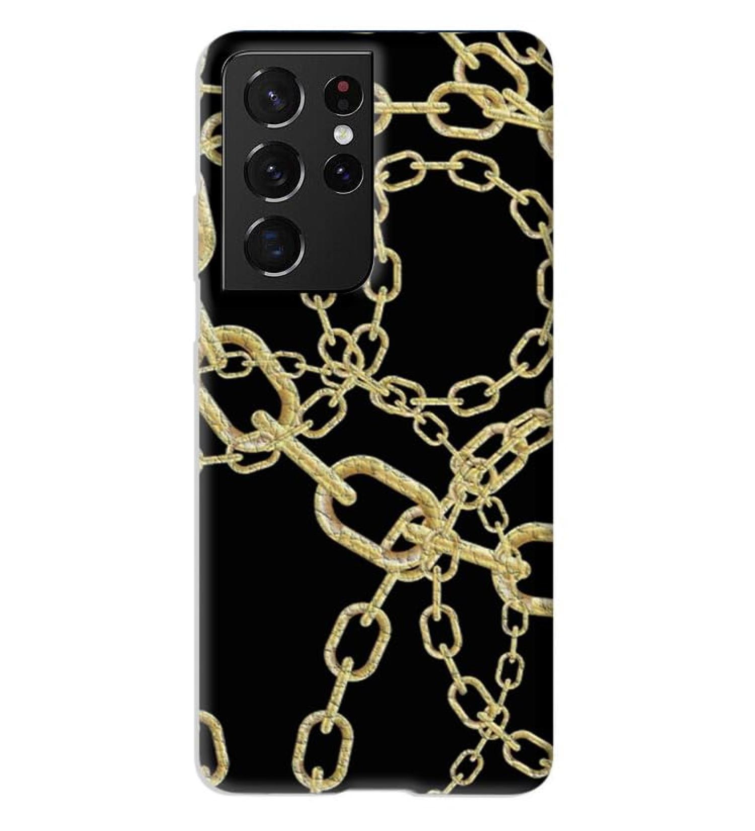 Luxury Soft TPU Protective Case for Samsung S21 Ultra - Elegant Black Leather with Gold Chains - Buy Online on GoSupps.com