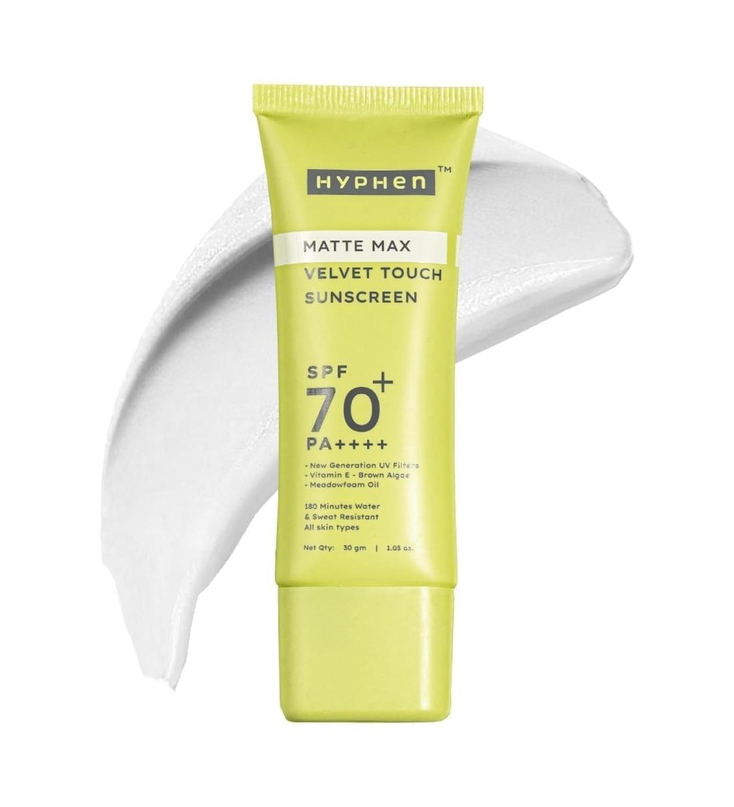 Hy-phe-n Matte Max Velvet Touch Sunscreen SPF 70+ PA++++ | Sun Protection | Sun Shield |Sunscreen SPF No White Cast Non Greasy & Lightweight | For Oily Combination & All Skin Types-30g - Buy Online on GoSupps.com