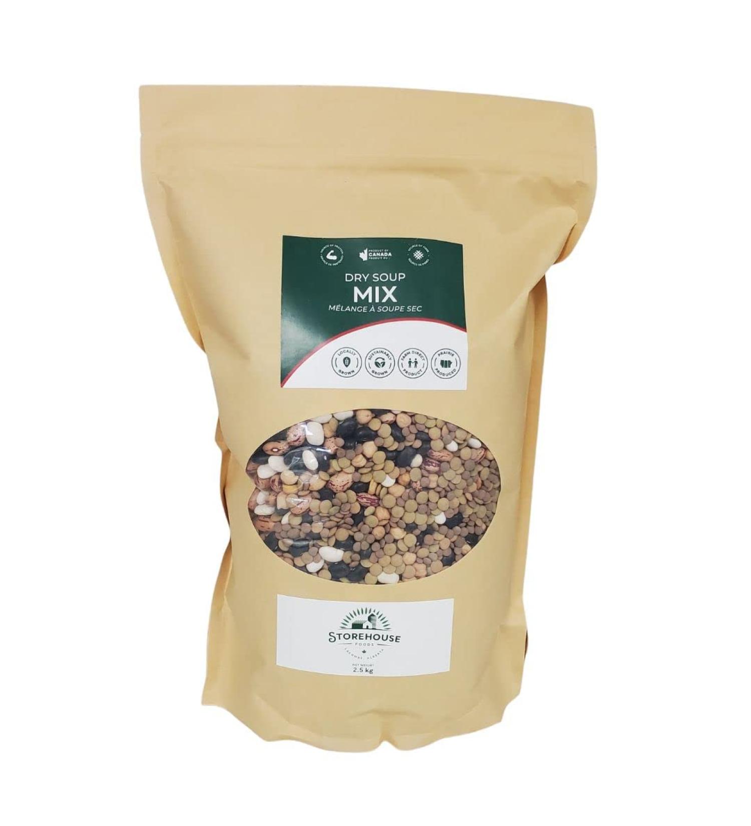 Dry soup mix 2.5 kg (5.5 lb) Excellent for making soups on the stovetop in a slow cooker or pressure cooker Chickpeas Black beans Green lentils Red lentils Great northern beans Cranberry/Romano beans Non-GMO Product of Canada - Buy Online on GoSupps.com