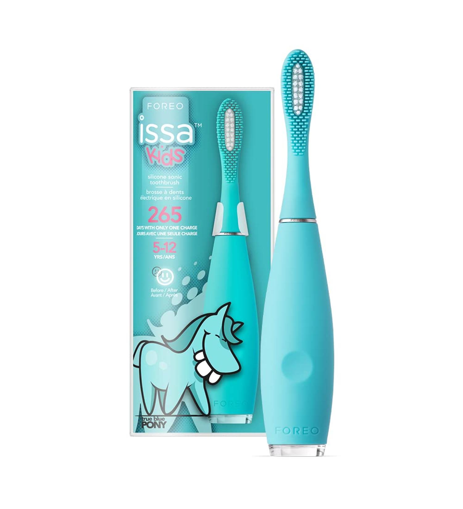 Foreo Issa Kids Ultrahygienic Silicone Electric Toothbrush - Safe Oral Care for Children 5-12 | Waterproof USB Charging True Blue Pony - Buy Online on GoSupps.com