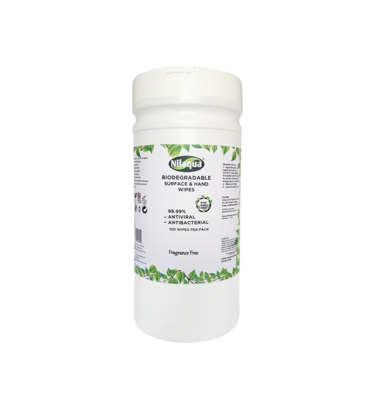 Nilaqua ECO Cleaning and Disinfectant Wipes for Surfaces & Hands - Multi Purpose Wipes Pastic Free Biodegradable Wet Wipes Kills UP to 99.9999% Germs - Canister of 100 Wipes 200mm x 200mm - Buy Online on GoSupps.com