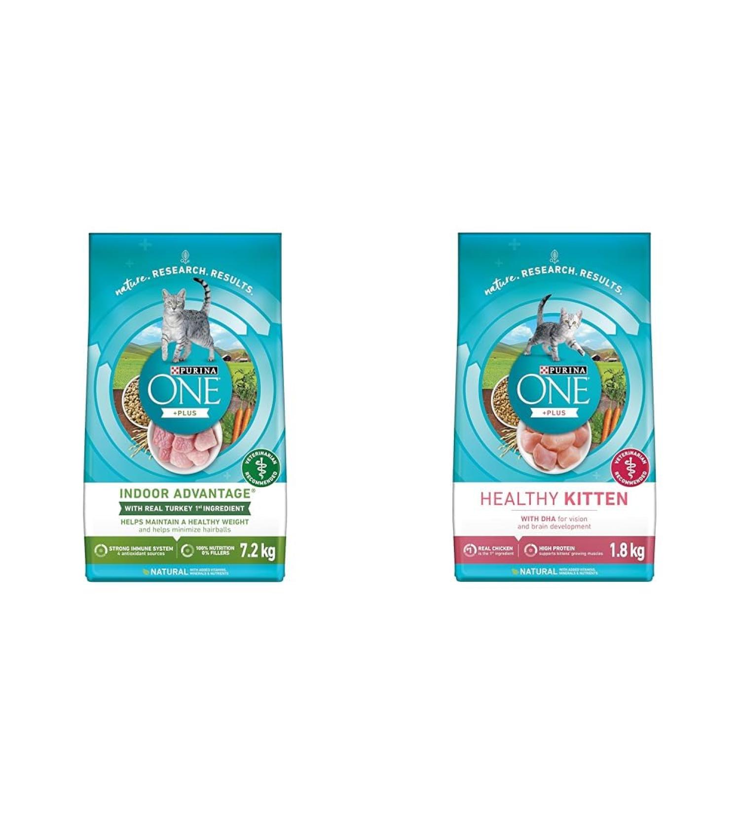 Purina ONE Dry Cat Food Indoor Advantage 7.2 kg & Healthy Kitten Food Dry Cat Food 1.8 kg 7.2 kg (Pack of 1) Pet Food+ Dry Cat Food 1.8 kg - Buy Online on GoSupps.com